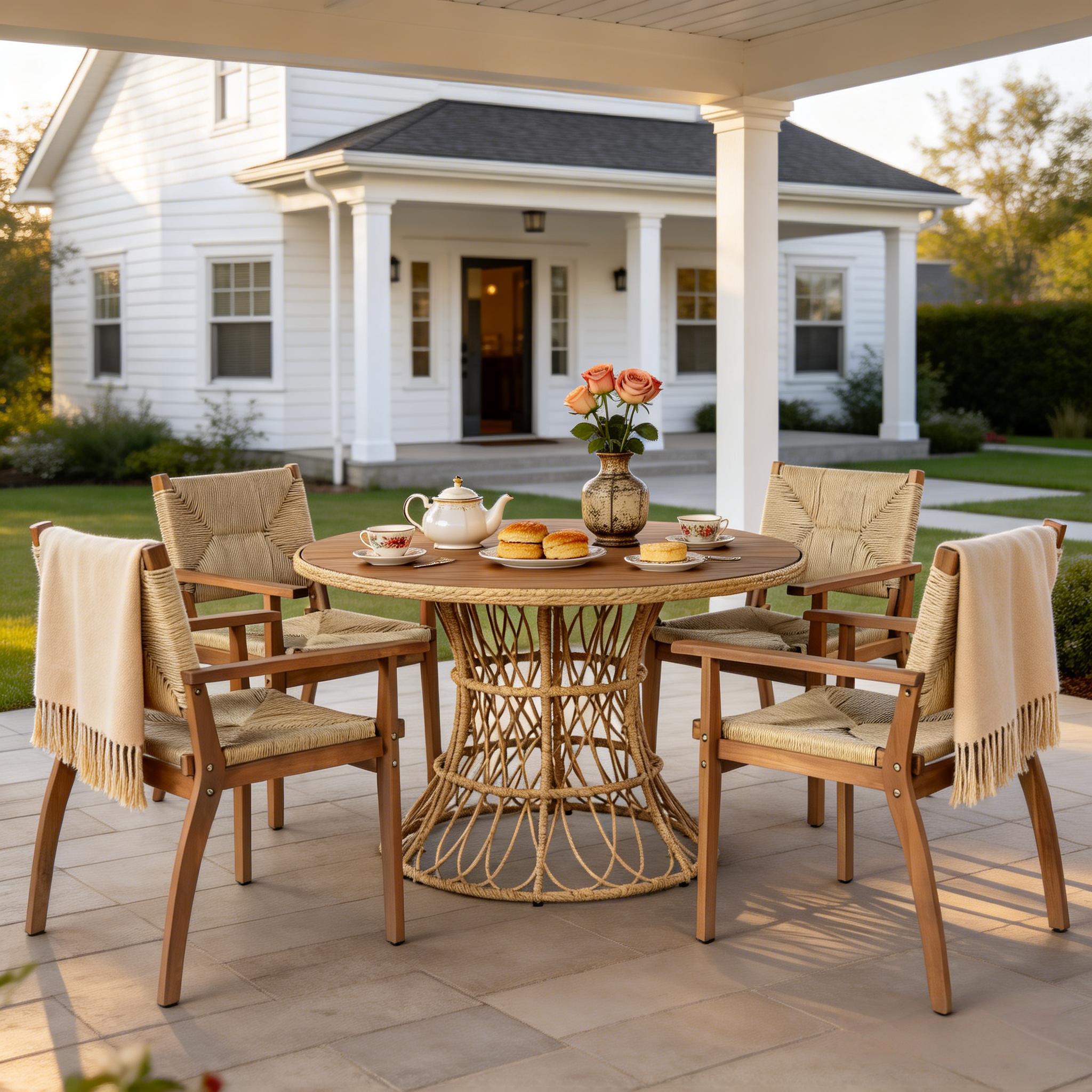 5-Piece Outdoor Dining Set: Teak Finish Round Acacia Wood Table & 4 Teak Finish Wicker Armchairs, Patio Garden Furniture