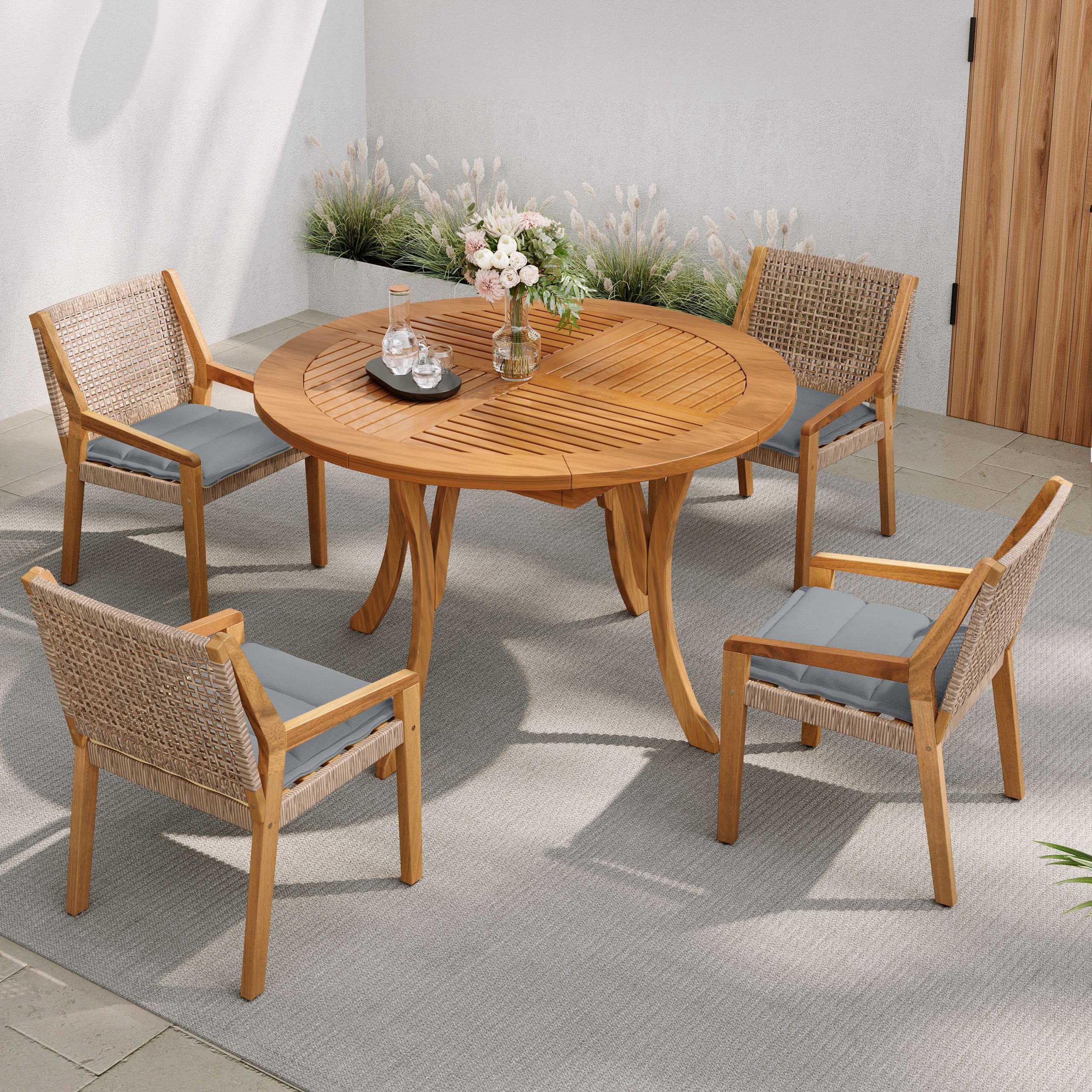 Modern 5-Piece Outdoor Dining Set – Acacia Wood Round Table with Curved Legs & 4 Wicker Armchairs, Teak Finish, 400 lbs Chair Capacity, for Patio, Garden, or Deck
