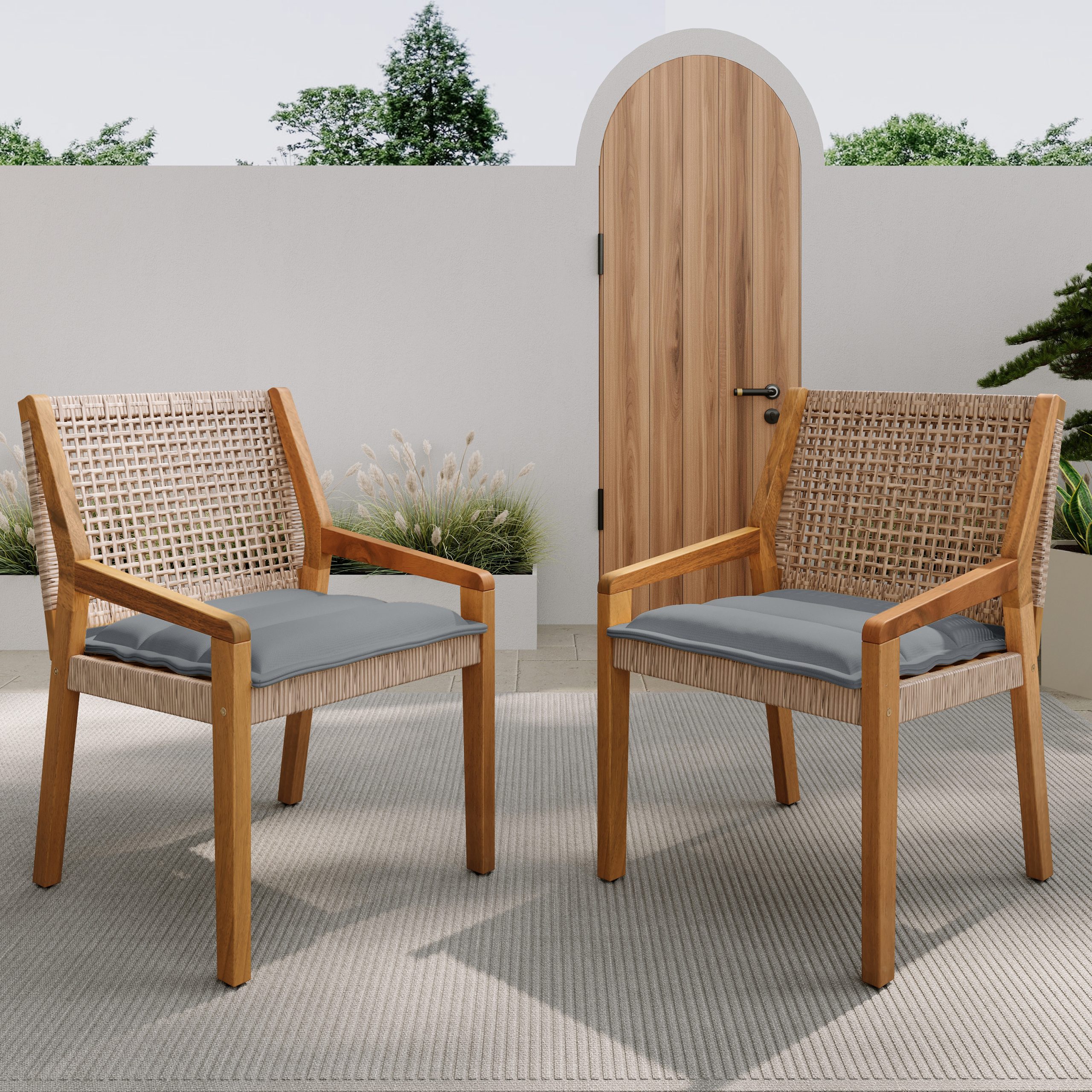 Modern Outdoor Dining Chairs Set of 2 – All Weather Acacia Wood & Wicker Armchair with Armrests, Heavy Duty 400 lbs Capacity,  Set of 2 per Box, for Patio, Garden, or Deck