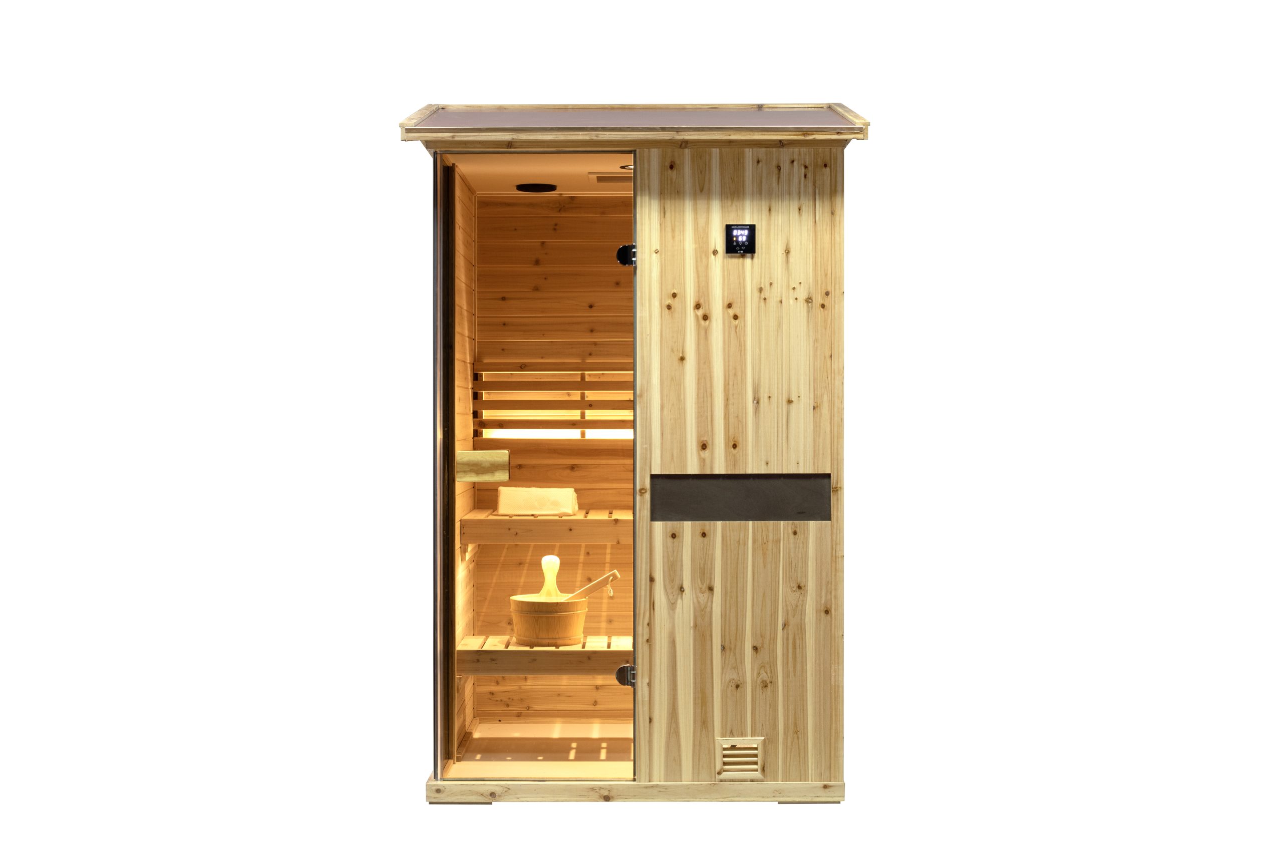 Two-person outdoor wooden steam sauna room