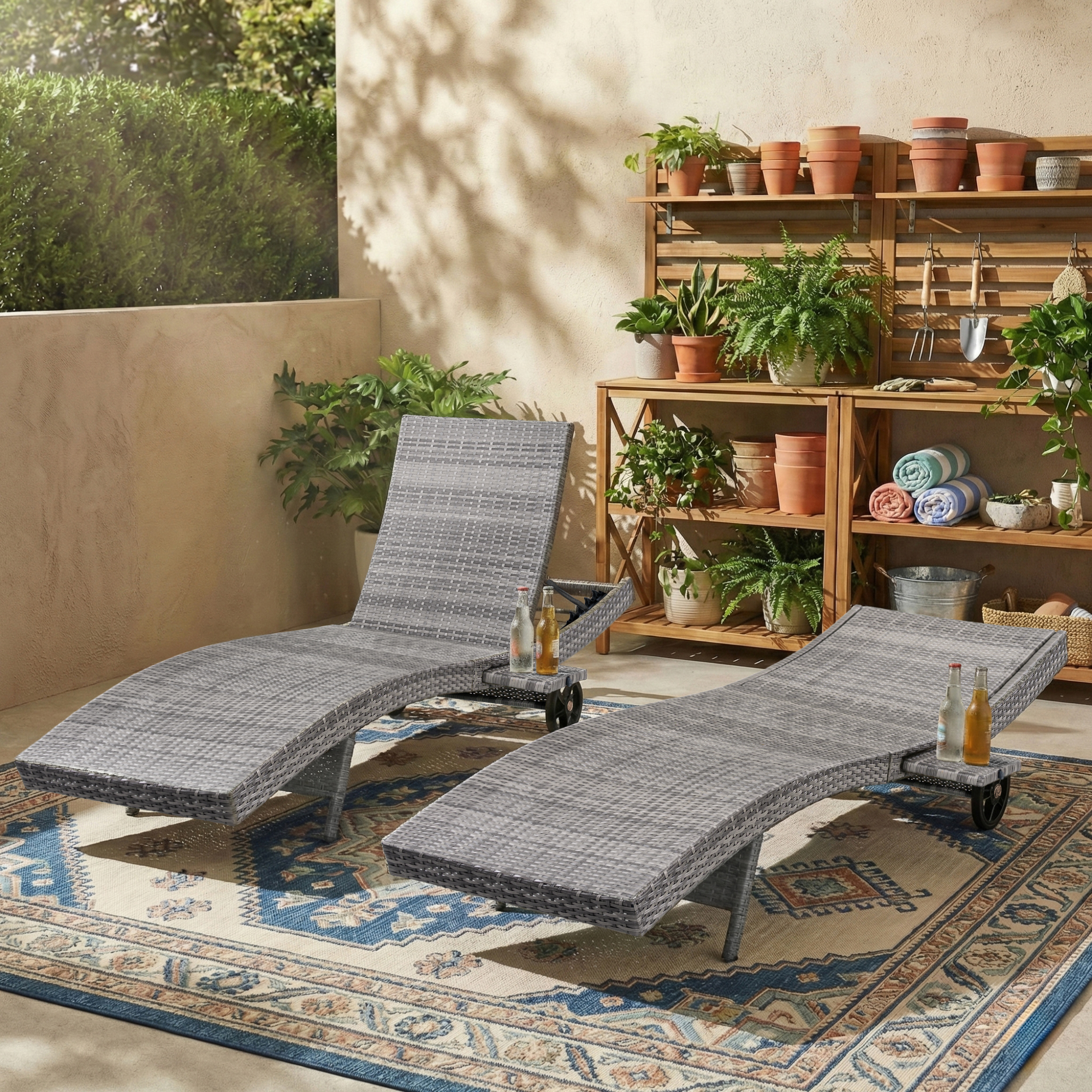 K&K 80″ Patio Wicker Chaise Lounge Chairs Set of 2, Outdoor Rattan Reclining Lounge Chair w/ Rolling Wheels & Pull-out Side Table, Adjustable Backrest, Ergonomic Wave Design for Poolside, Deck, Grey