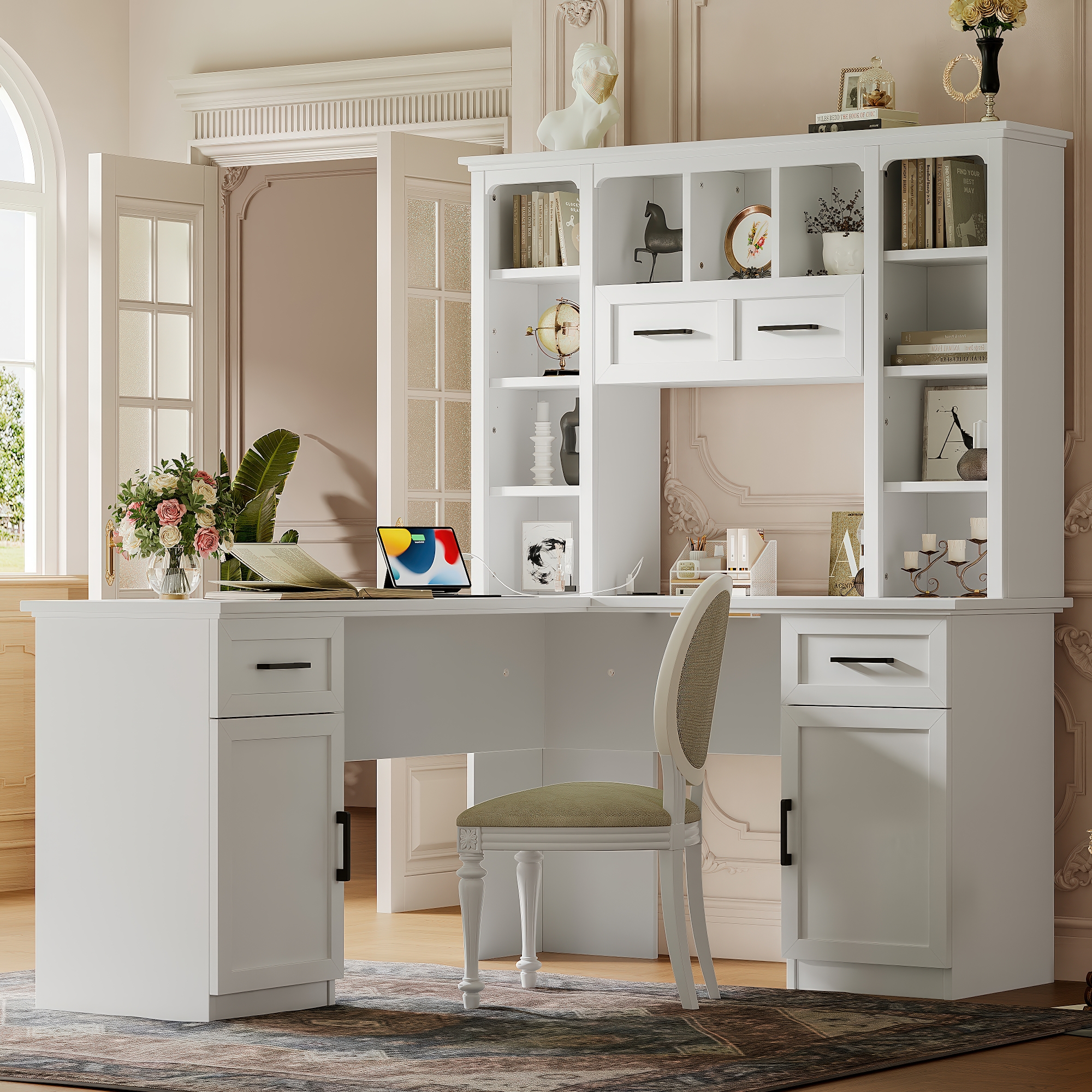 L-Shaped Computer Desk with 2 Cabinets and 2 Drawers, 11 Open Shelves and 1 Right Flip Shelf with Storage, with Power Outlet, for Study, Living Room and Office, White
