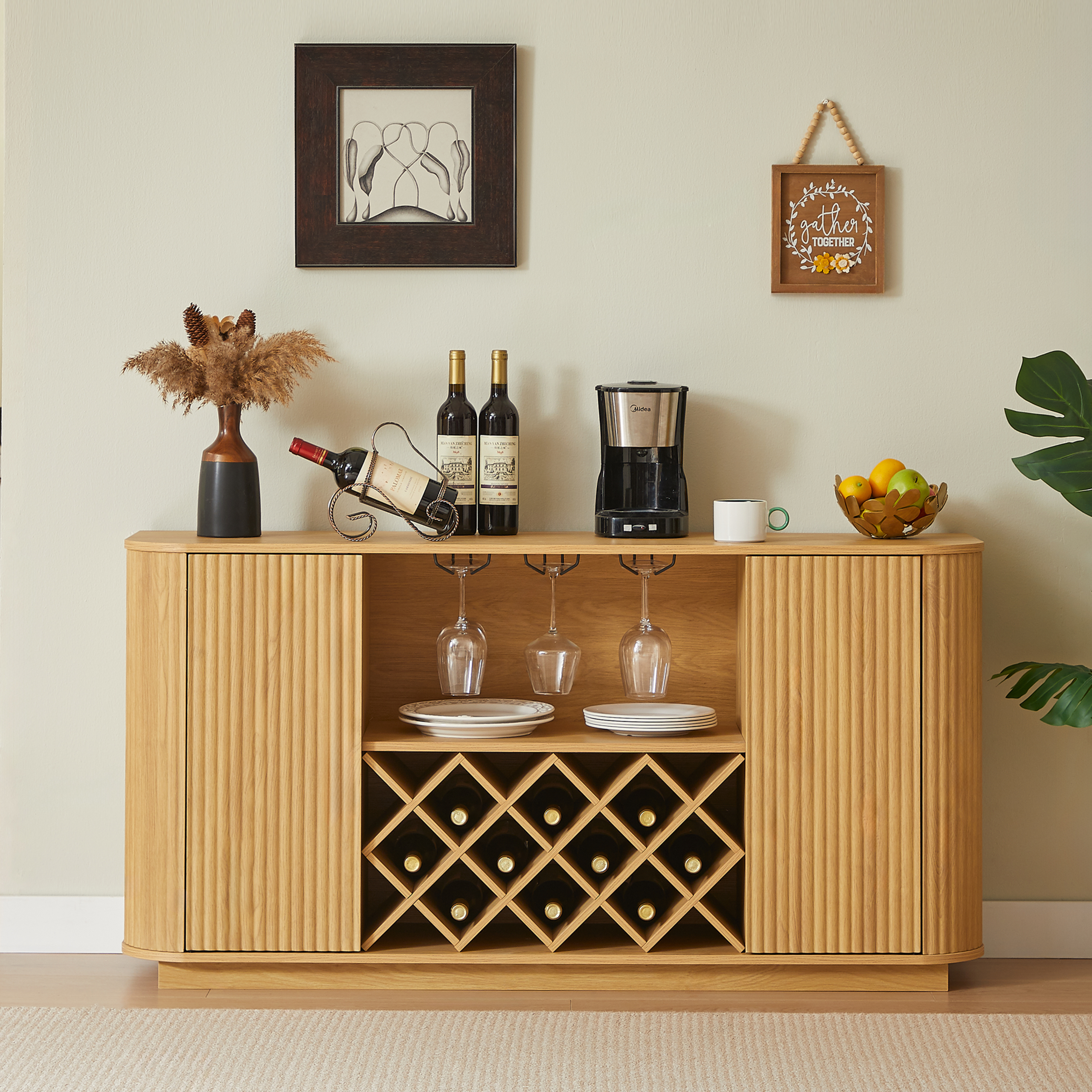 58″ Modern Wavy Curve Sideboard-Multifunctional storage cabinet with wine rack and glassware holder, adjustable shelves for wine storage and coffee bar, suitable for kitchens and dining rooms.Natural