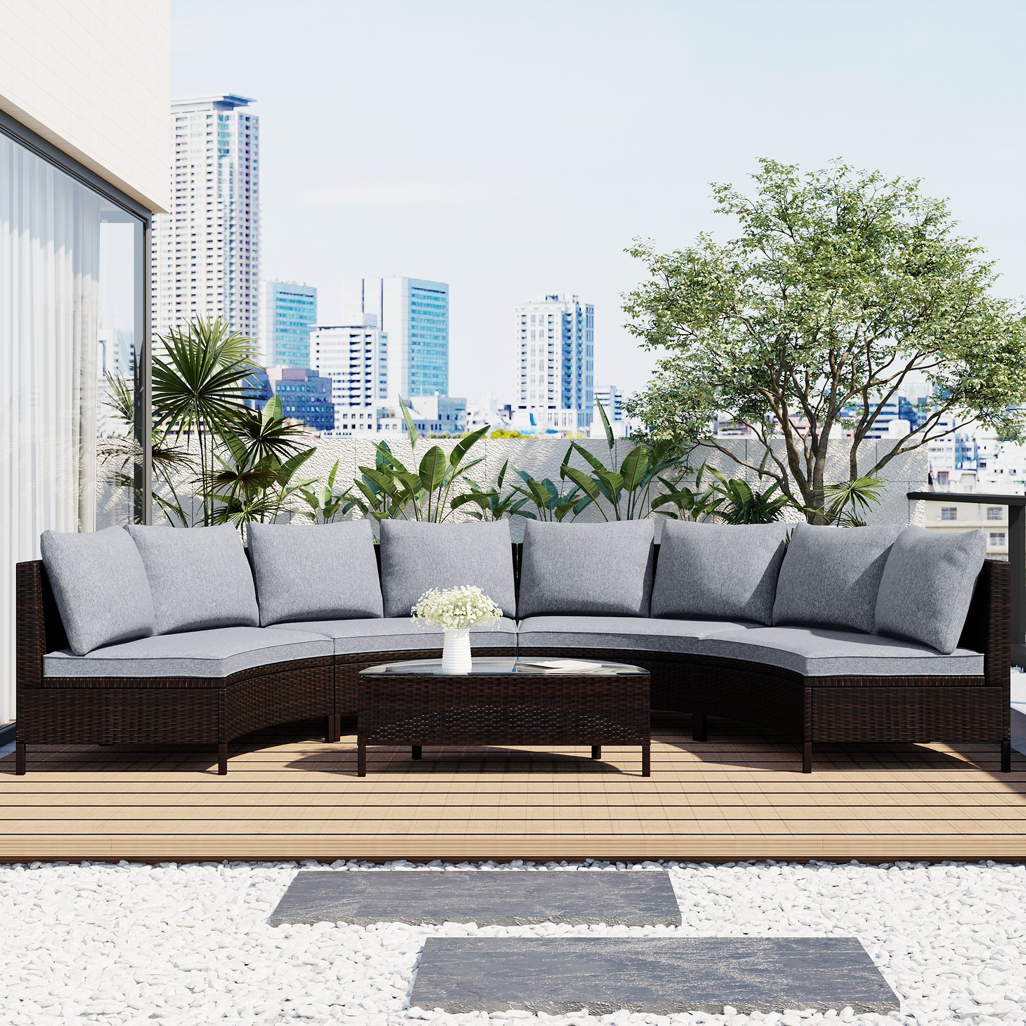 TOPMAX 5 Pieces All-Weather Brown PE Rattan Wicker Sofa Set Outdoor Patio Sectional Furniture Set Half-Moon Sofa Set with Tempered Glass Table, Grey