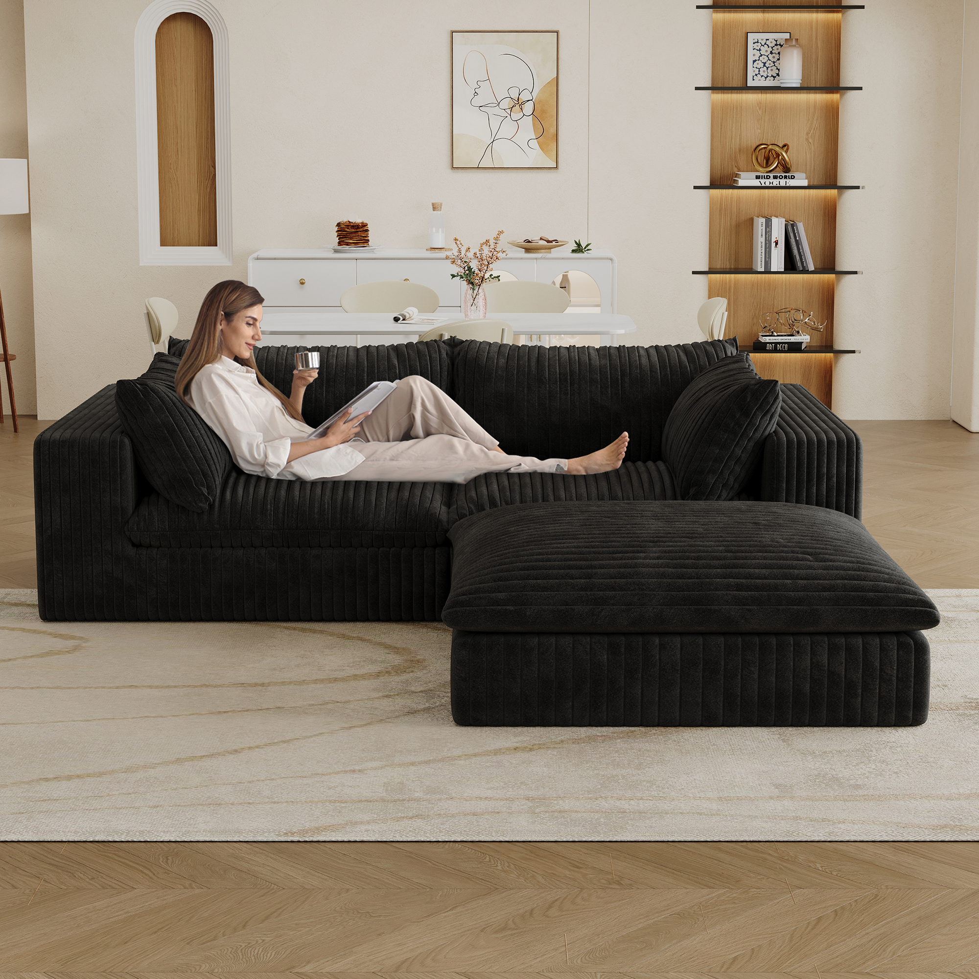 39.8″ Cloud Sofa,Corduroy Fabric,Deep Seat Couches,Double-layer design,Removable  Cushion,No Assembly, DIY Combination for Living room, Bedroom,Conference room ,Apartment,Black