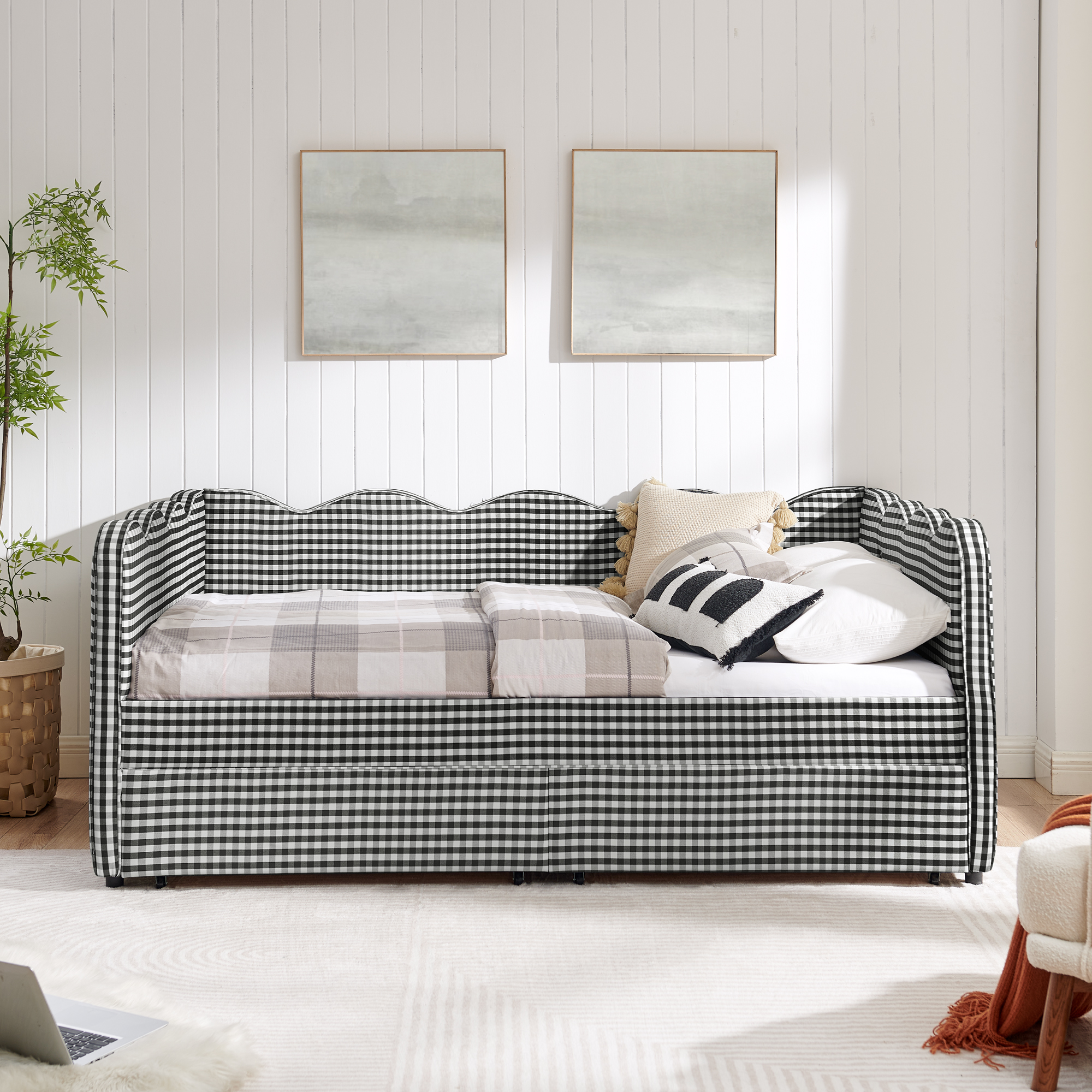 Full Size Cozy Gingham Daybed with Two Storage Drawers, with USB Port and Adorable Wave Shaped, Linen Fabric