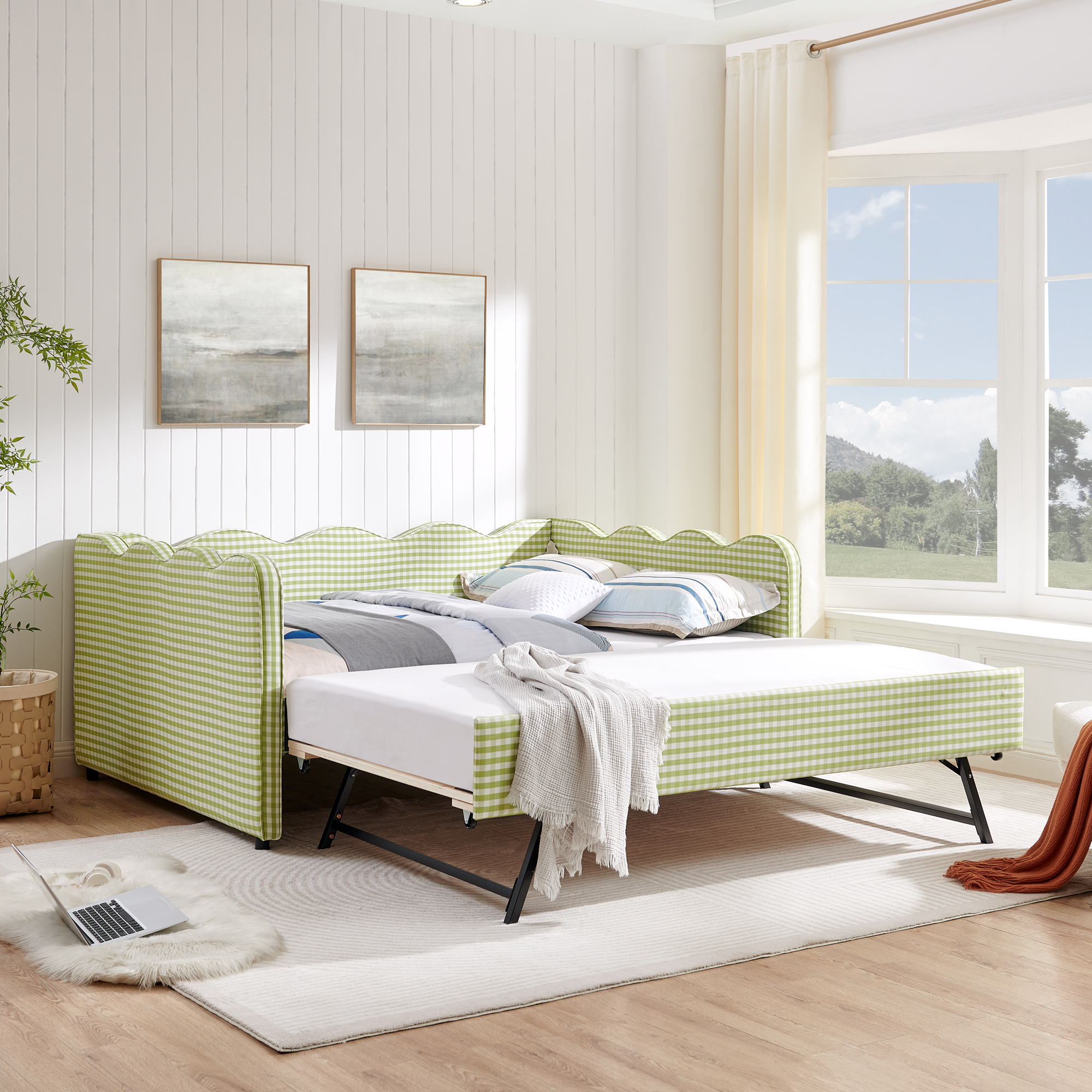 Full Size Cozy Gingham Daybed with Twin Size Trundle  No Box Spring Needed, with USB Port and Adorable Wave Shaped, Linen Fabric