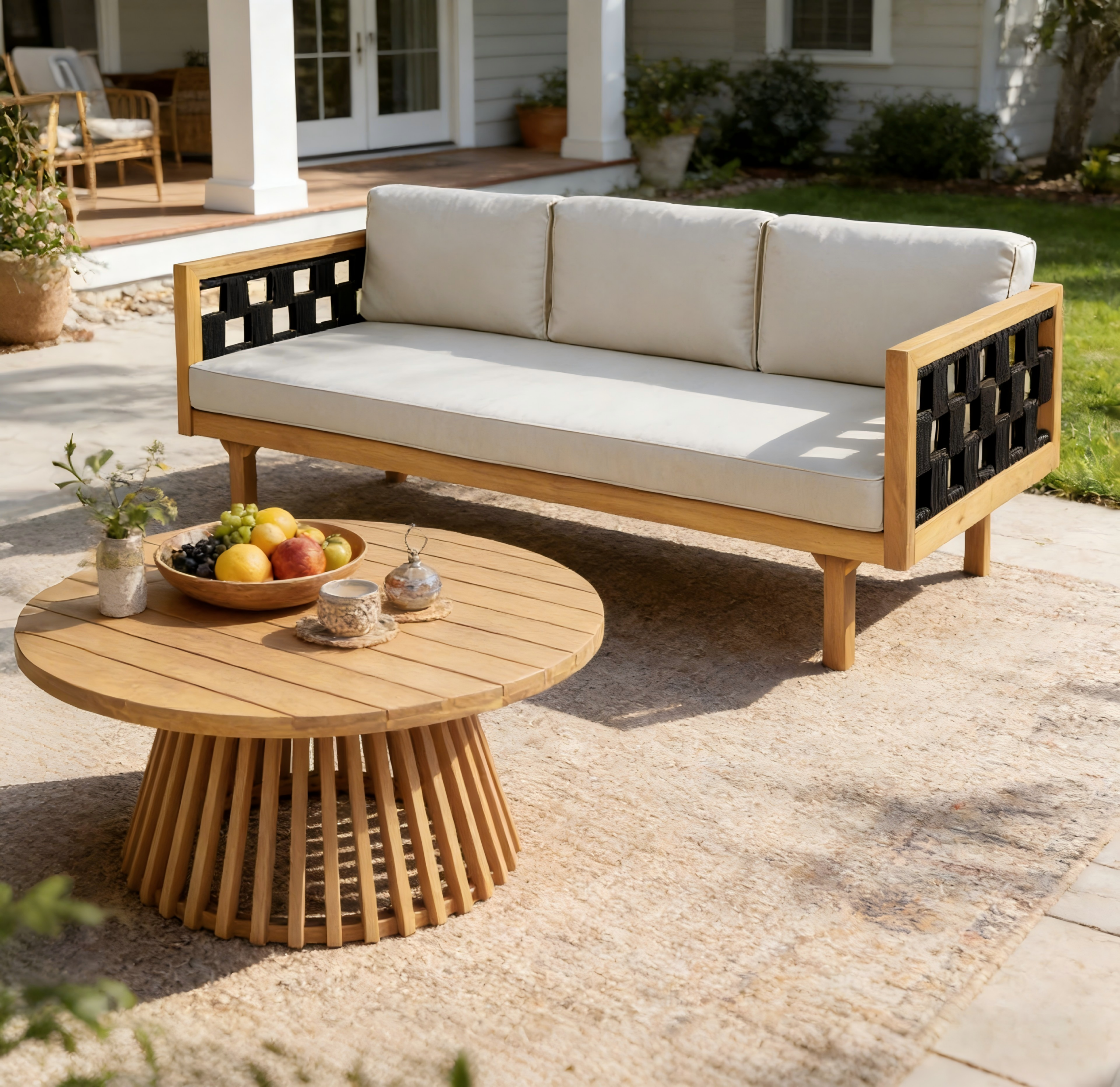 Luxury Acacia Wood Outdoor Daybed Set – Three-Seater Daybed with Light Grey Cushions & Black Rope, Teak Finish, Includes Round Acacia Wood Side Table, Perfect for Patio, Balcony, Garden