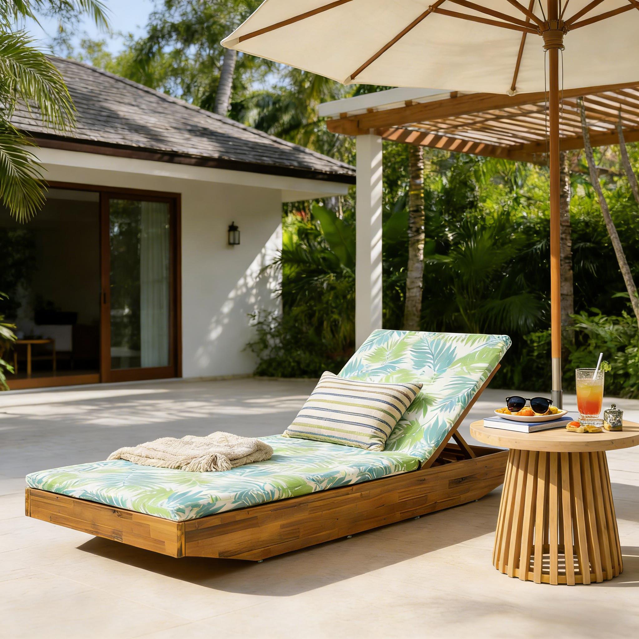 Acacia Wood Chaise Lounge with 2-Fold Thin Cushion – Teak Finish Outdoor Recliner with Leaf coconut Water-Repellent Cushion, 79.6″ L x 29″ W, 300 lbs