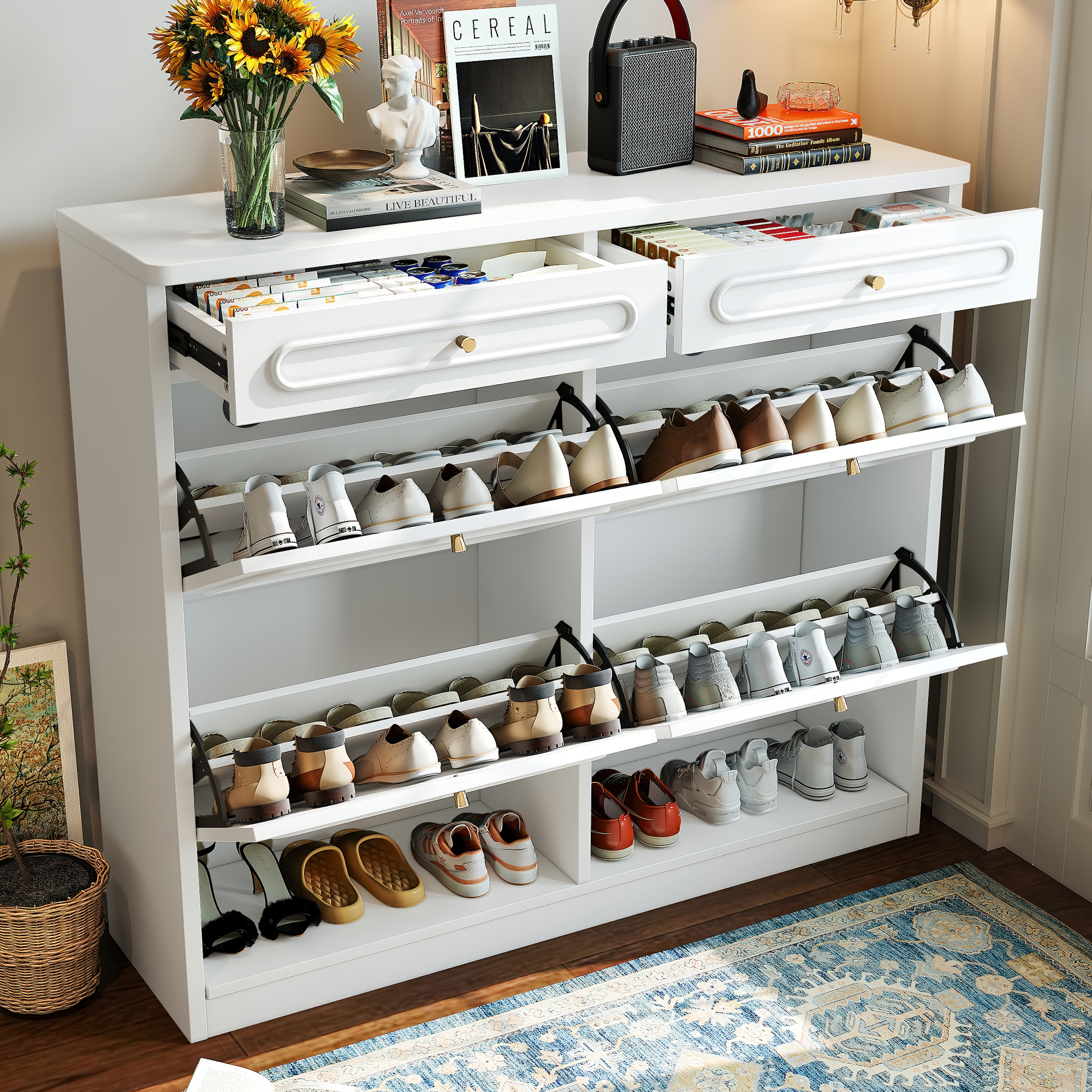 Wooden Shoe Cabinet with 4 Flip Drawers,Shoes Rack Cabinet with 2 Storage Drawers,Classified Storage and Farmhouse Style, White