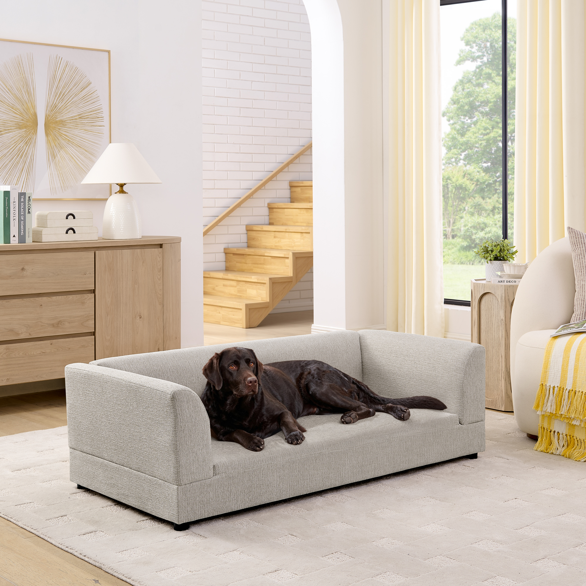Comfortable Oversized Pet Sofa for Medium/Large Dogs – Modern Rectangular Design with Backrest, Armrests & Soft Cushion -Beige(56.5″*26″*17″)