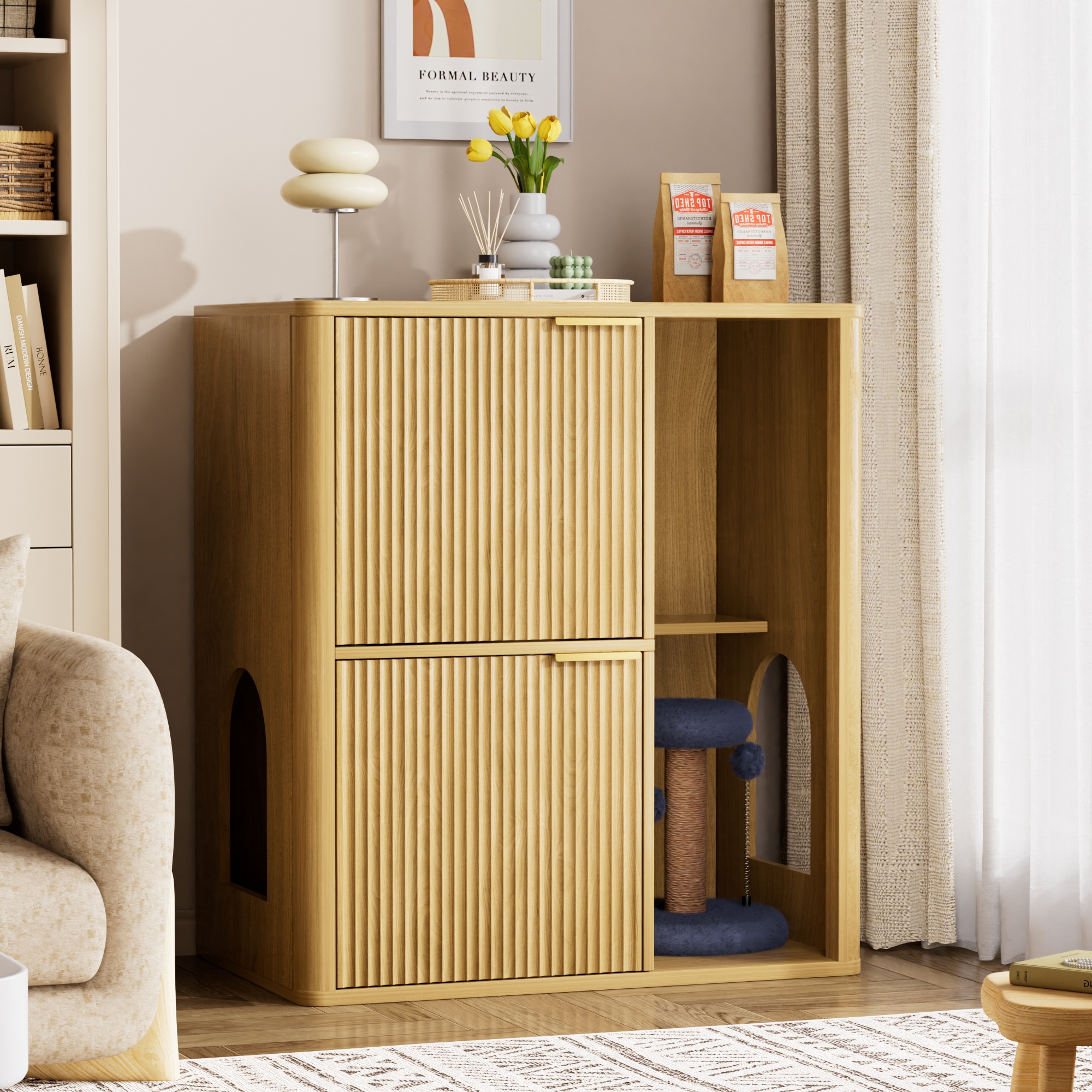 31.5-inch Light Wood Cat Litter Cabinet with Cat Tree – Grooved Concealed Litter Furniture Featuring Dual Cat Doors and Storage Shelves, Versatile Pet Cabinet for Living Rooms or Bedrooms