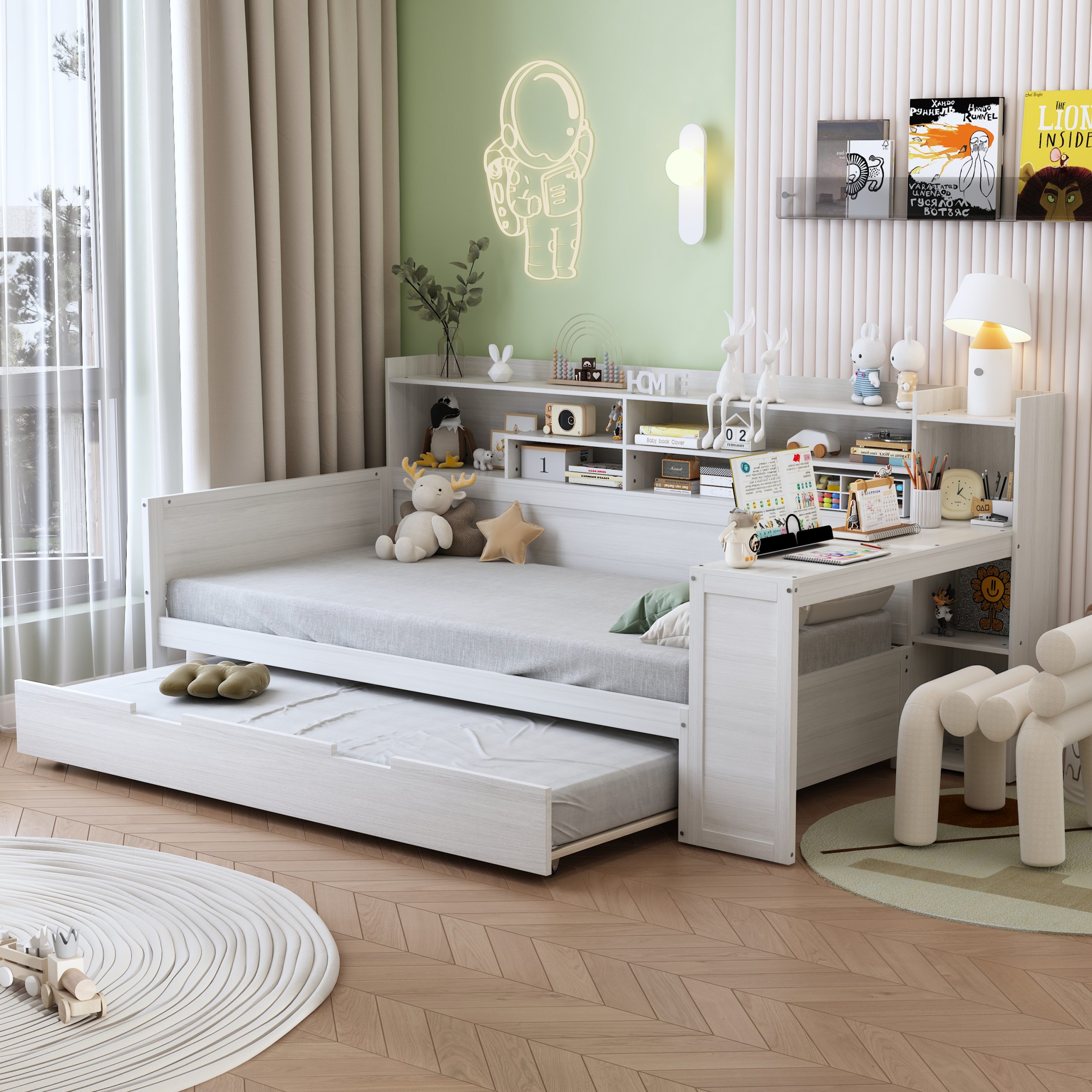 Wooden Twin Size Daybed with Storage Shelves, Multi-functional Bed with Twin Size Trundle Bed and  Study Desk, Antique White(Old SKU: N733S242275K)