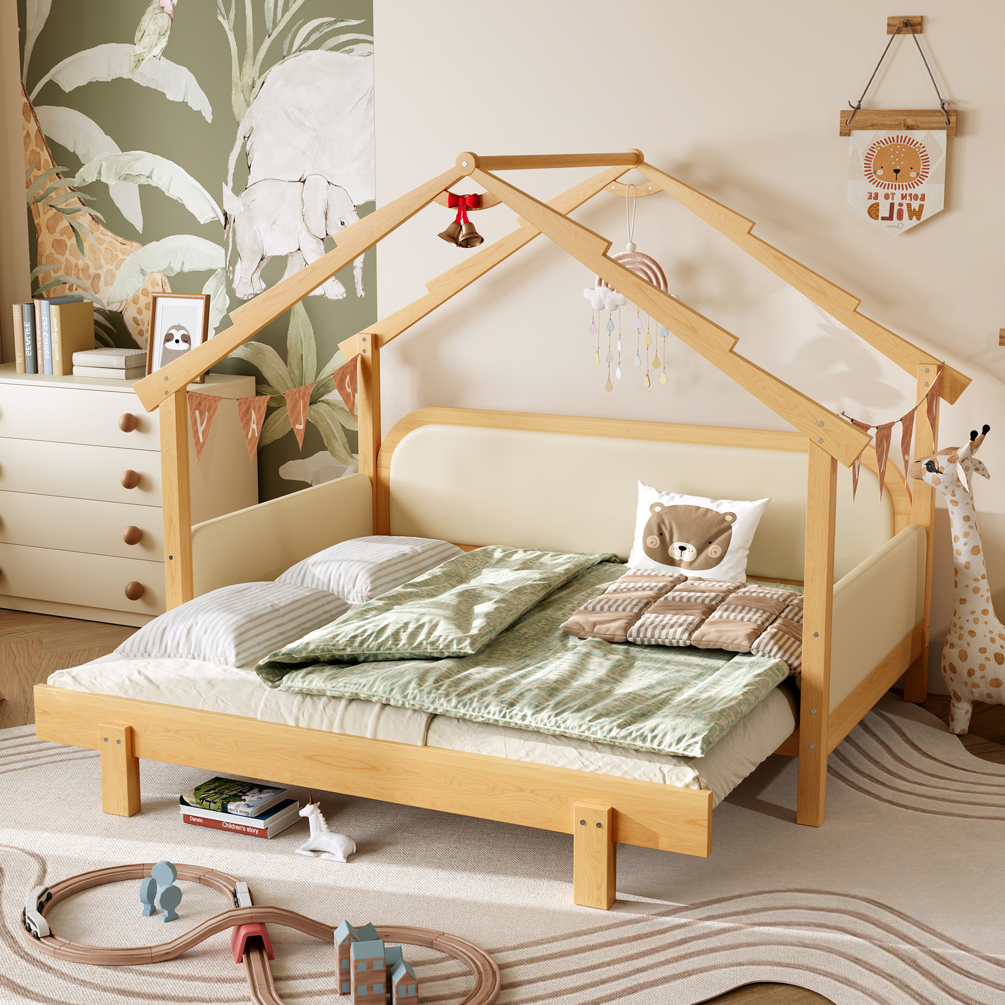 Twin Size Wood Treehouse bed with Soft Cushion Rails,for Kids, Teens, Girls, Boys,White