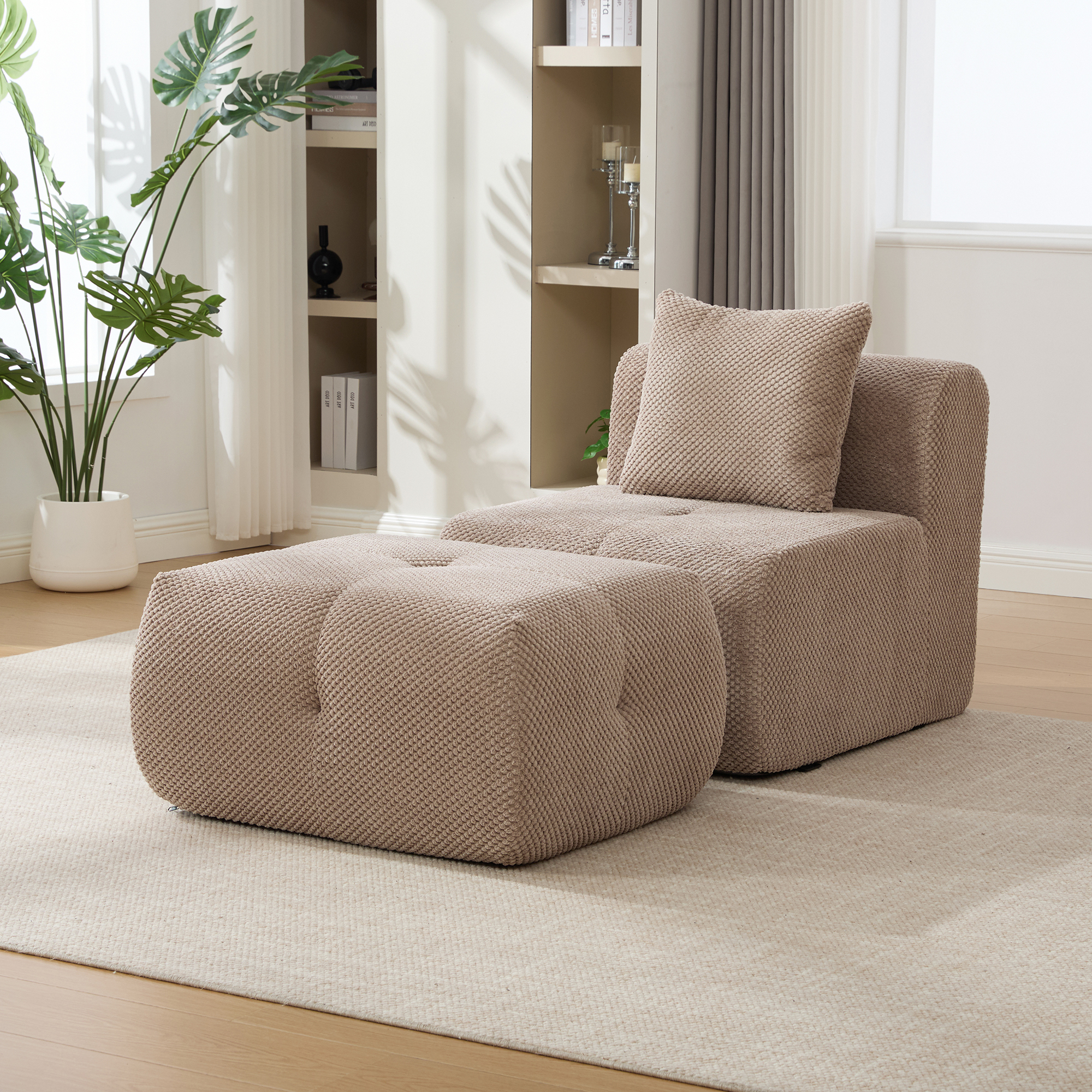 31″ Modular Cloud Armless Accent Chair with Ottoman Set, Modern Boneless Deep Seat Single Sofa Soft Lounger with Footstool Throw Pillow for Living Room, Bedroom, Dorms, No Assembly Required, Taupe
