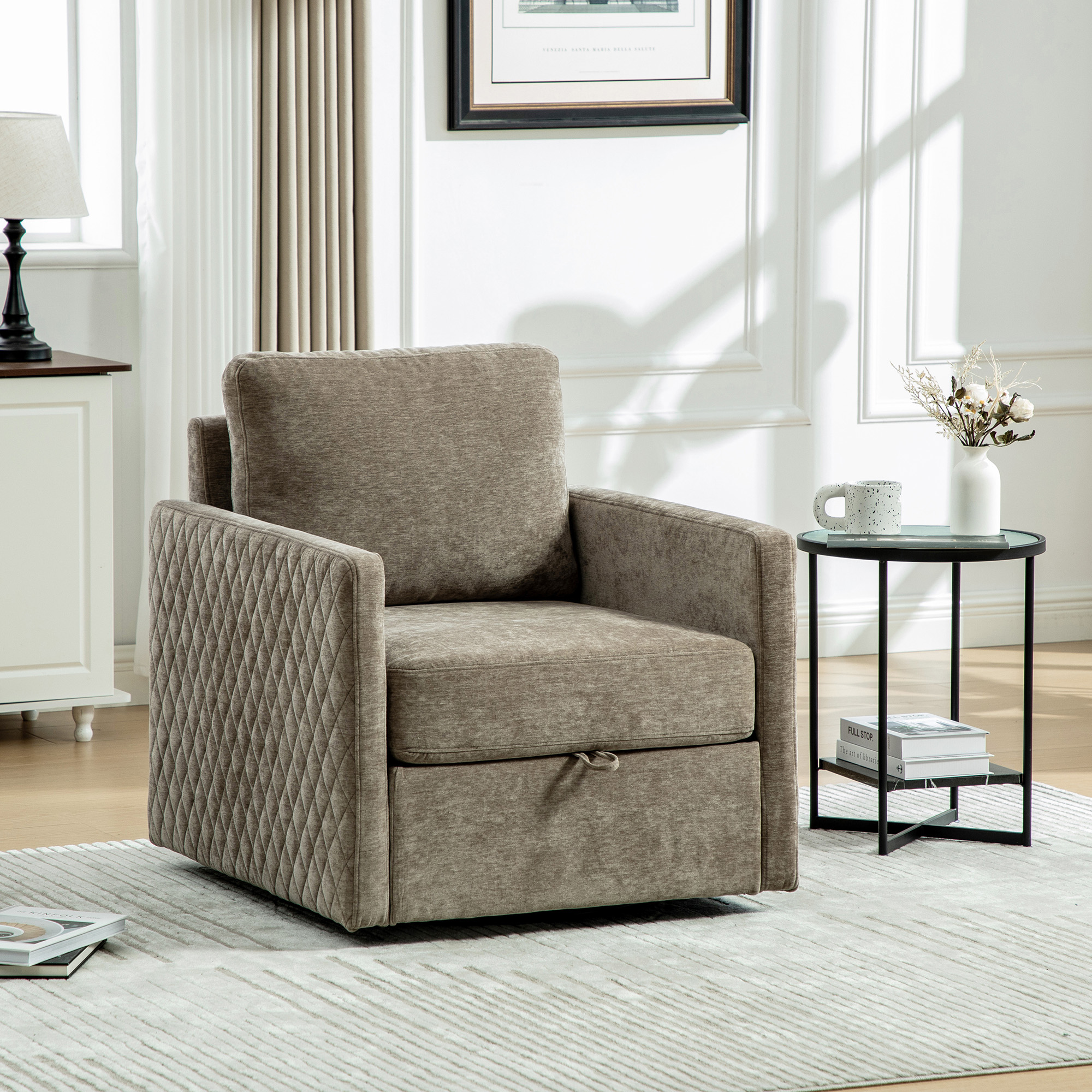 29.5”W Upholstered 360° Swivel Armchair with Hidden Storage, Comfy Diamond-Shape Tufted Armrests Accent Square Club Chair Single Sofa with Pillow for Living Room, Bedroom,Reading Nook,Corner, Taupe