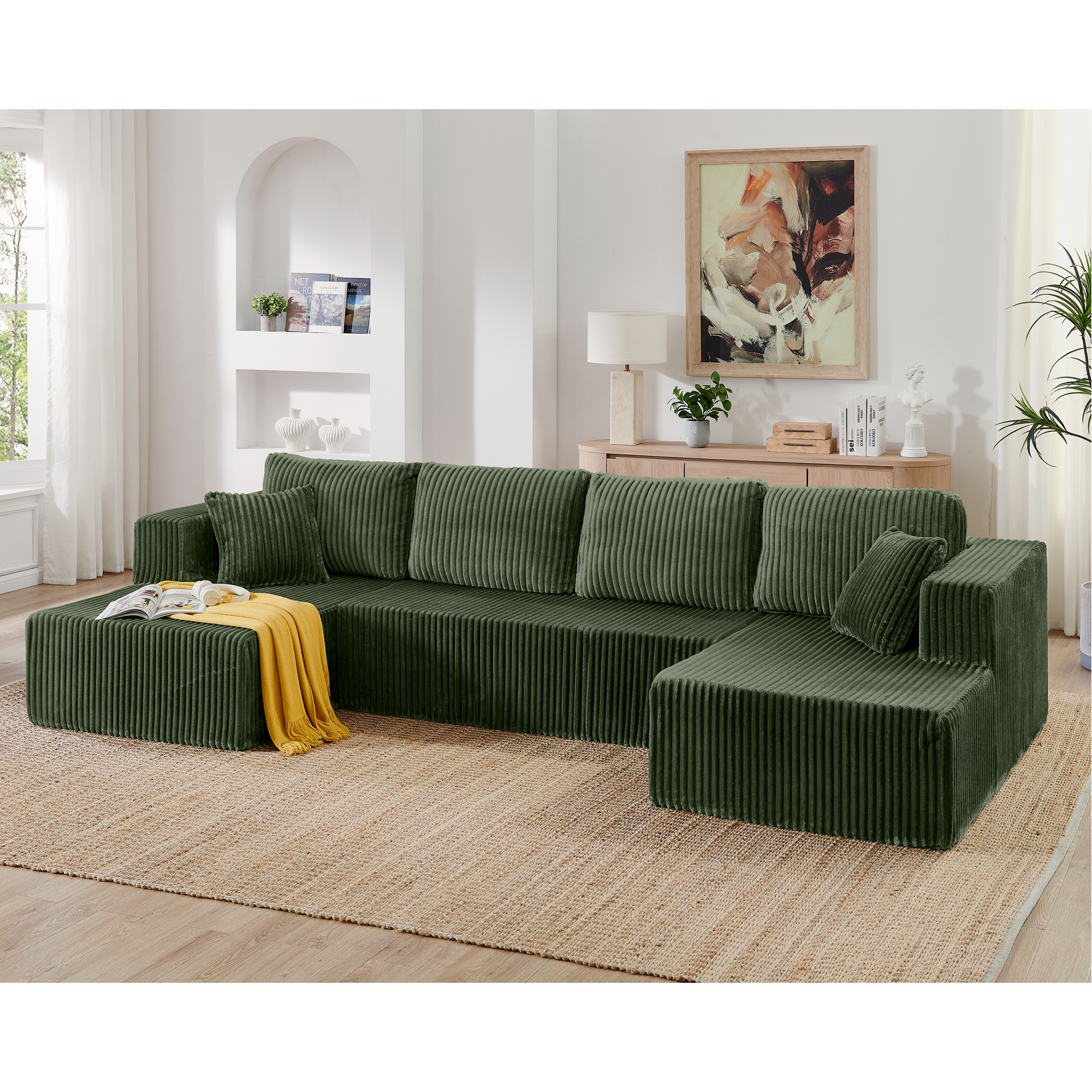 U shape Modular Sectional Sofa, Compressed Sectional Sofa Modern Minimalist Style Corduroy Couch, Sleeper Sofa for Living Room, Bedroom, Comfy Compressed Sofa -Green