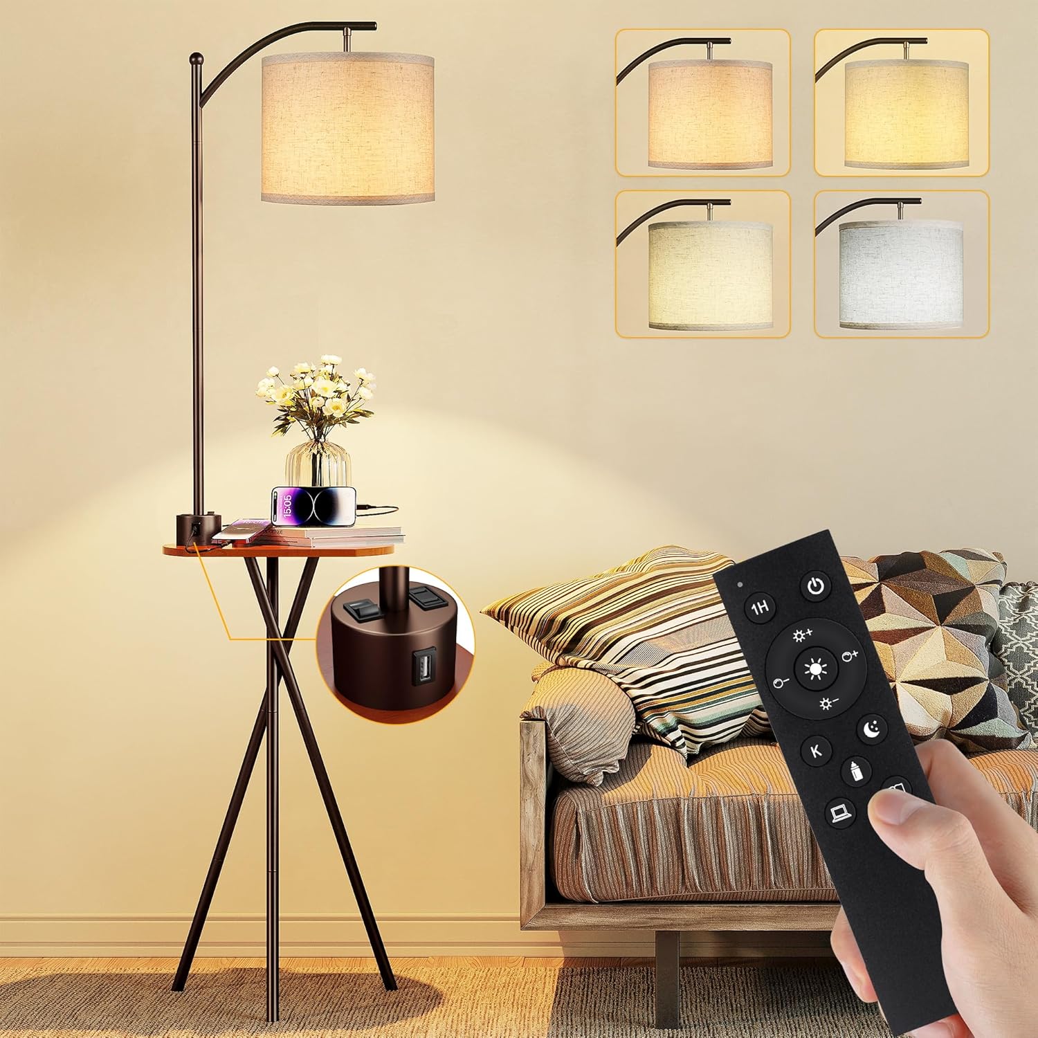 Floor Lamp with Table, End Table Lamp with Remote Control and Charging Station(USB & Type-C & AC Port), 4 Color Temperatures, Floor Lamps for Living Room, Bedroom and Home Office,Brown