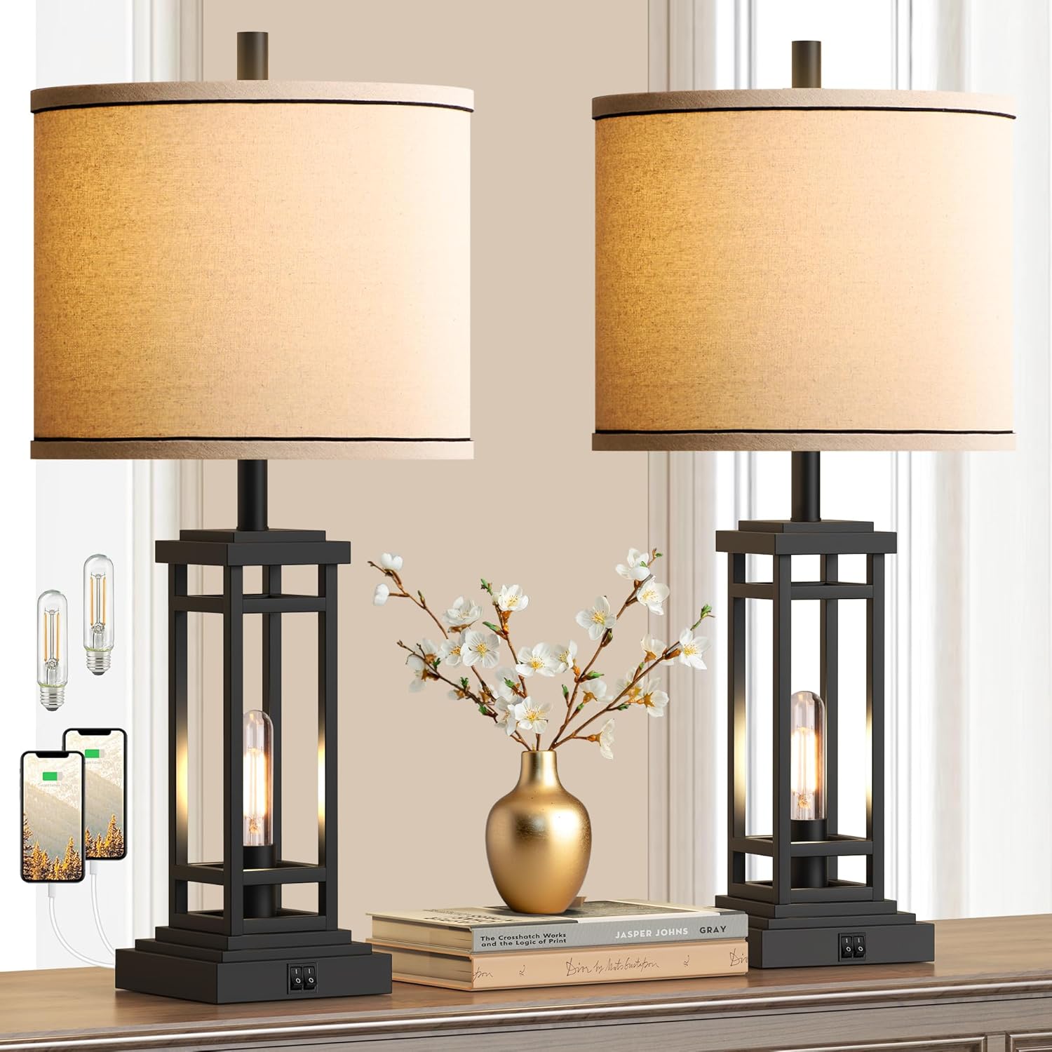 27.5 Tall Farmhouse Table Lamps with USB C + USB A Charge Ports, Rustic Living Room Lamps Set of 2, Black Industrial End Table Lamp for Bedroom Living Room Nightstand (Black)