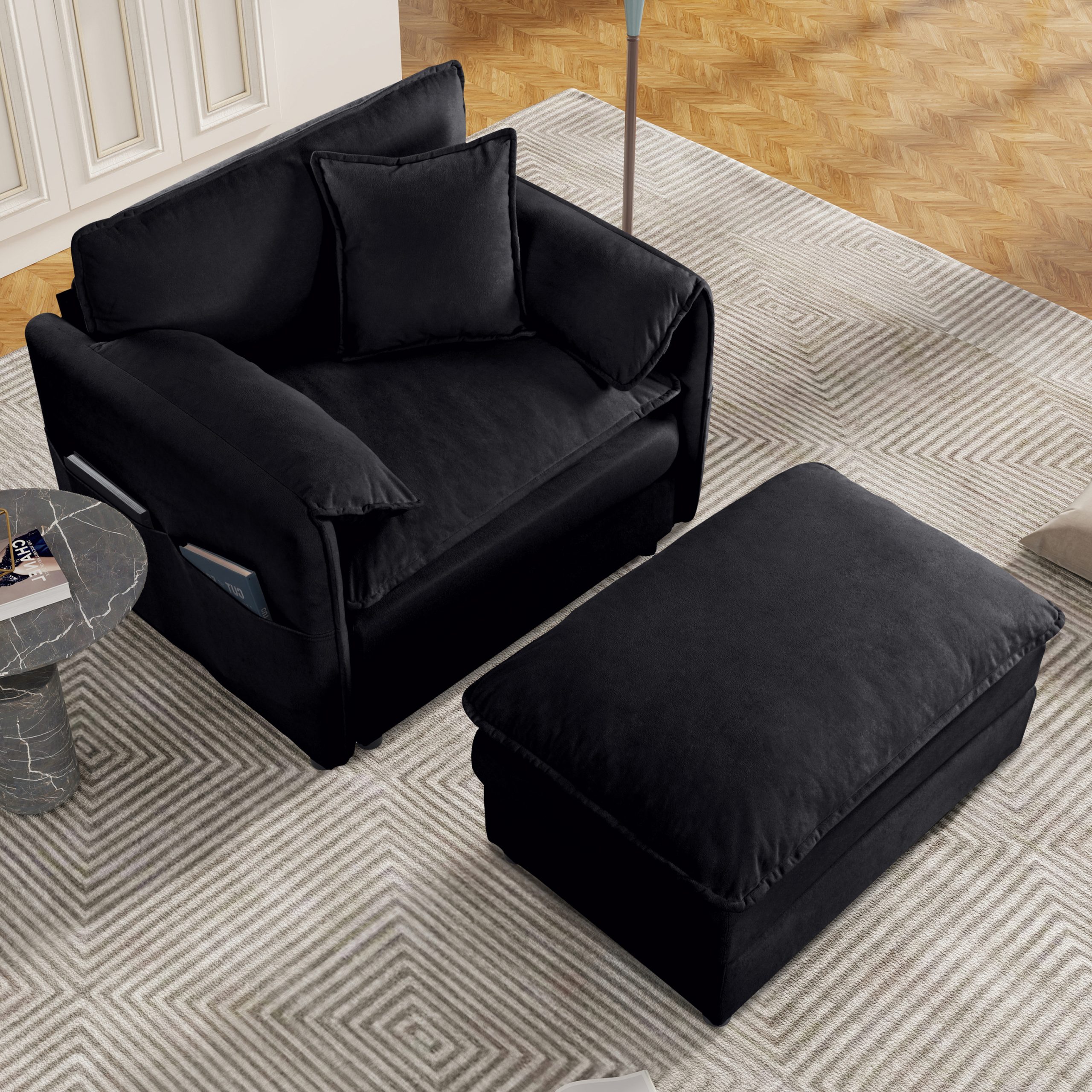 (Old:W3163S00003) Oversized 57.48″ Recliner Chair with Movable Ottoman – Soft Chenille Upholstered Indoor Lounge Chair for Living Room or Bedroom,DIY Combination,Black