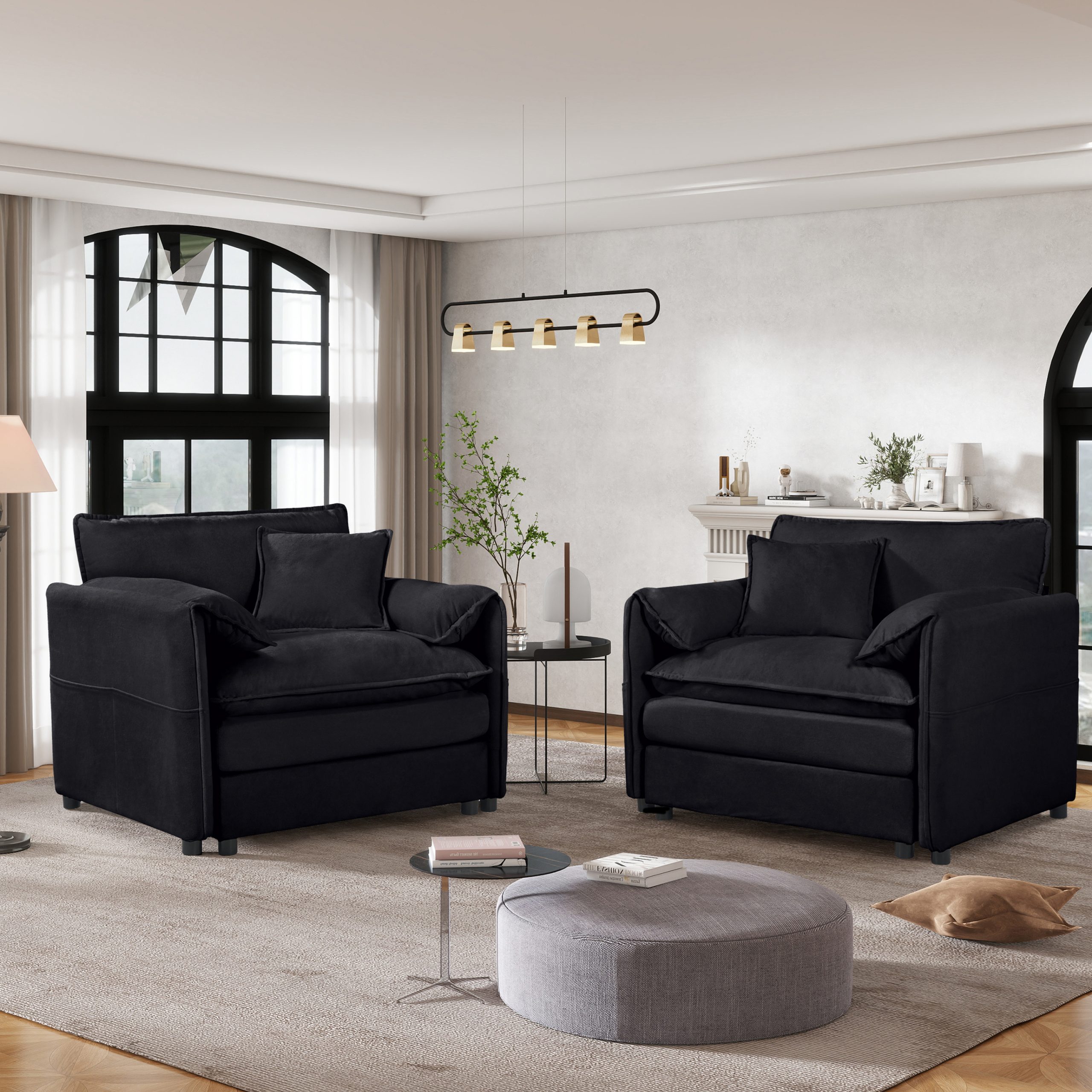 (Old:W3163S00009) Oversized Chenille Oversized Accent Chair Set of 2, Comfy Single Sofa Chair with Large Seat , Modern Armchair Reading Chairs for Bedroom, Living Room,Chenille,Black