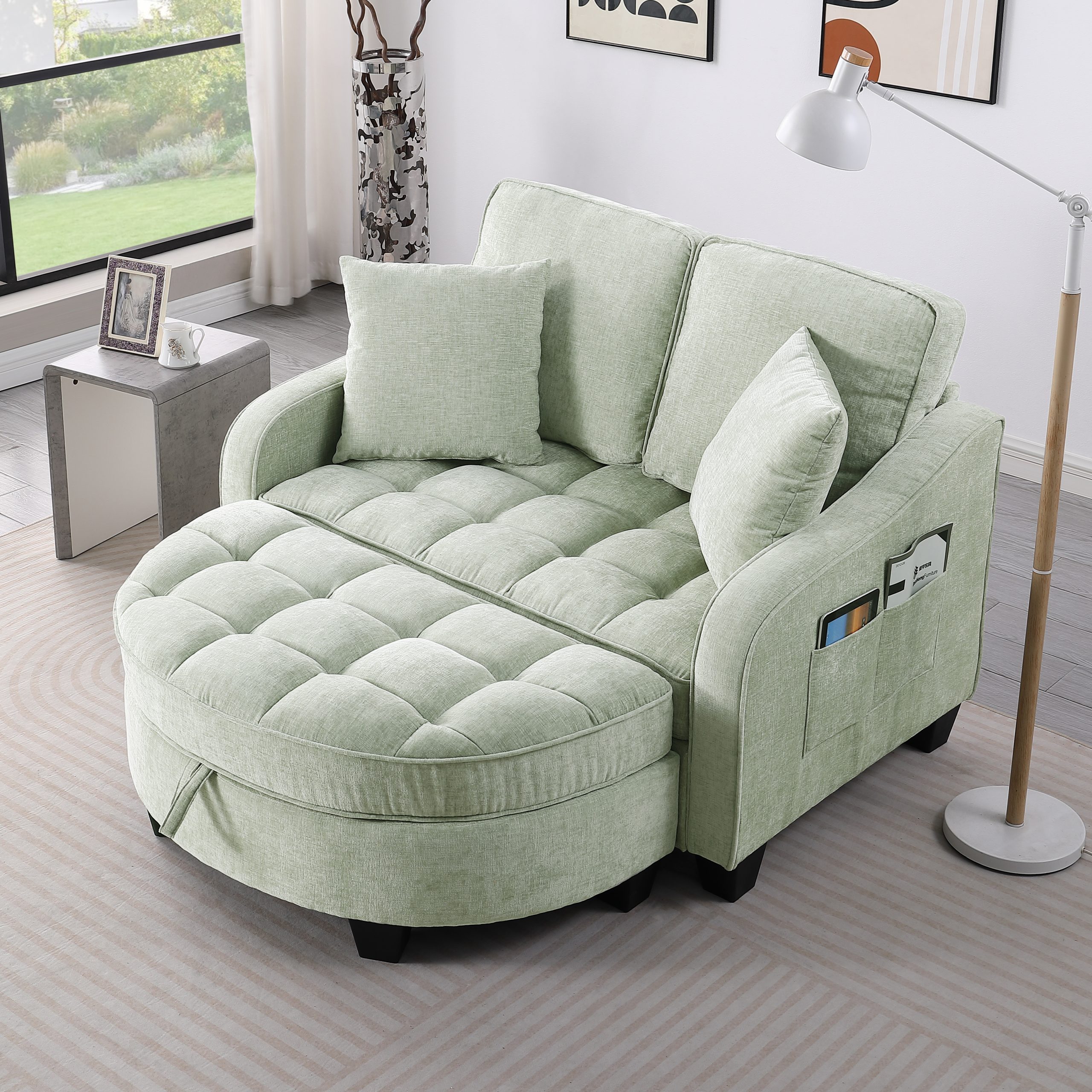 Two-seater sofa, double sofa chaise longue, with irregular armrests and backrests, footrest with storage space, comes with two small throw pillows, suitable for living room and bedroom – Cyan