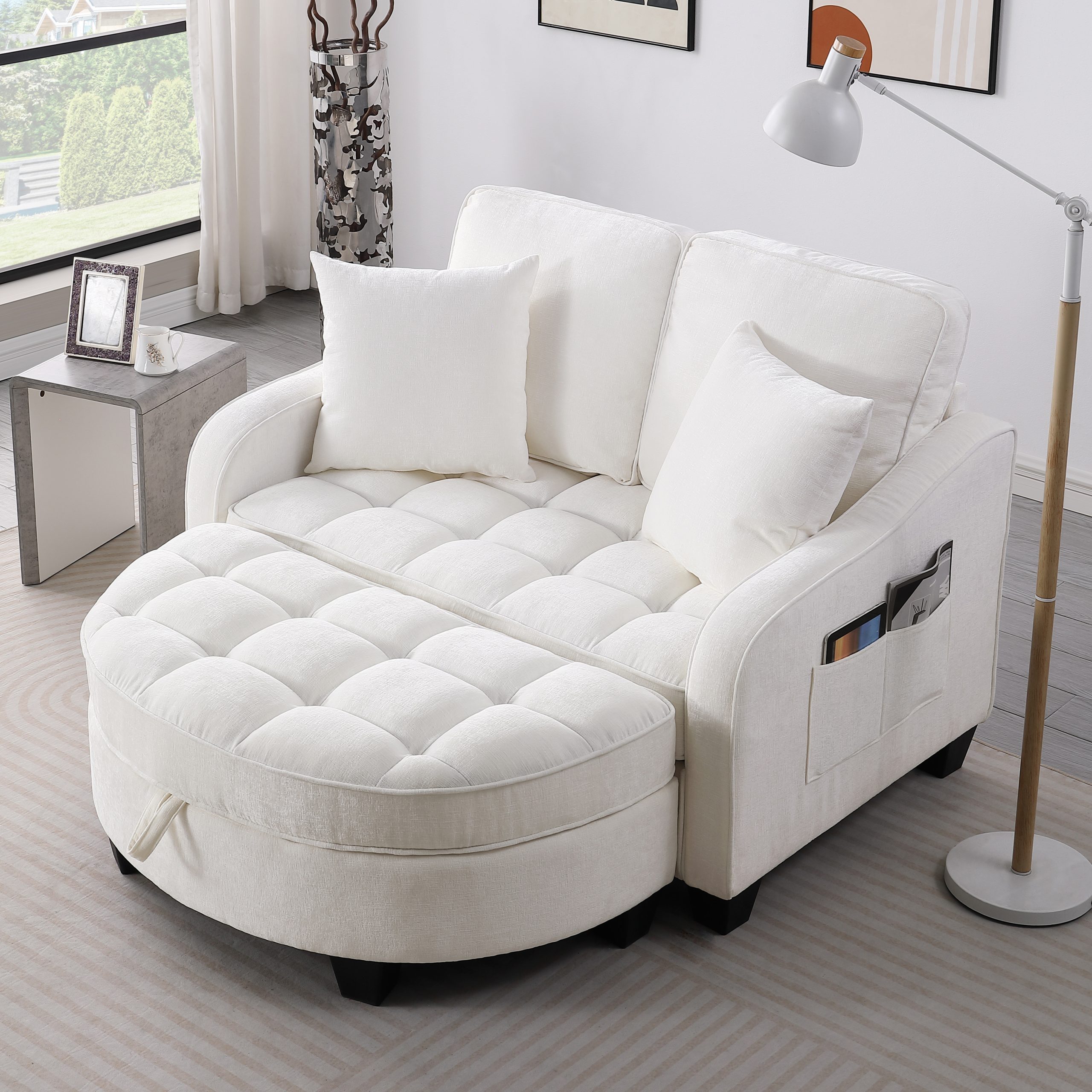 Two-seater sofa, double sofa chaise longue, with irregular armrests and backrests, footrest with storage space, comes with two small throw pillows, suitable for living room and bedroom – Beige