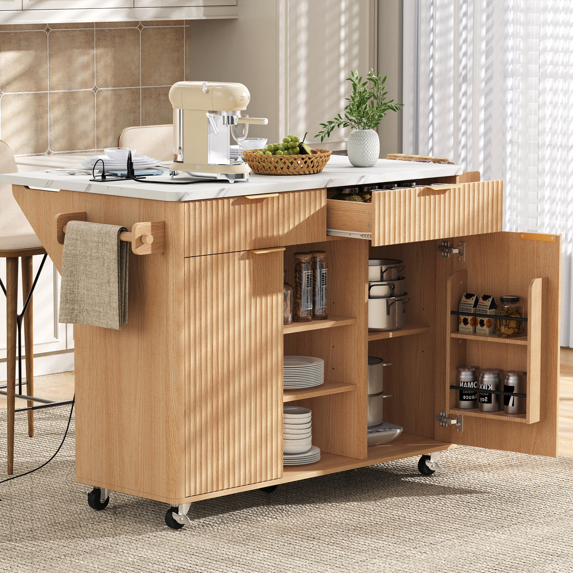 K&K 52″ Fluted Kitchen Island with Drop Leaf, Power Outlet,  Kitchen Storage Cart with Adjustable Shelves, 2 Doors and 2 Drawers, Rolling Island Table with Faux Marble Top for Kitchen, Natural