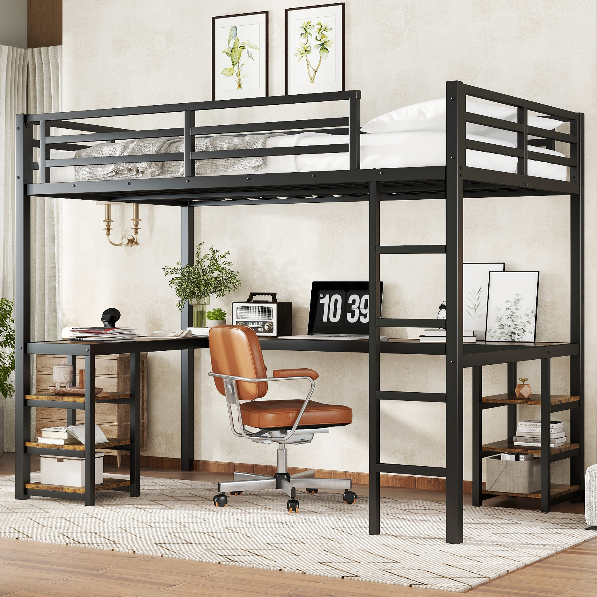 Twin XL Metal Loft Bed with Desk and Shelves, Loft Bed with Ladder and Guardrails, Loft Bed Frame for Bedroom, Black