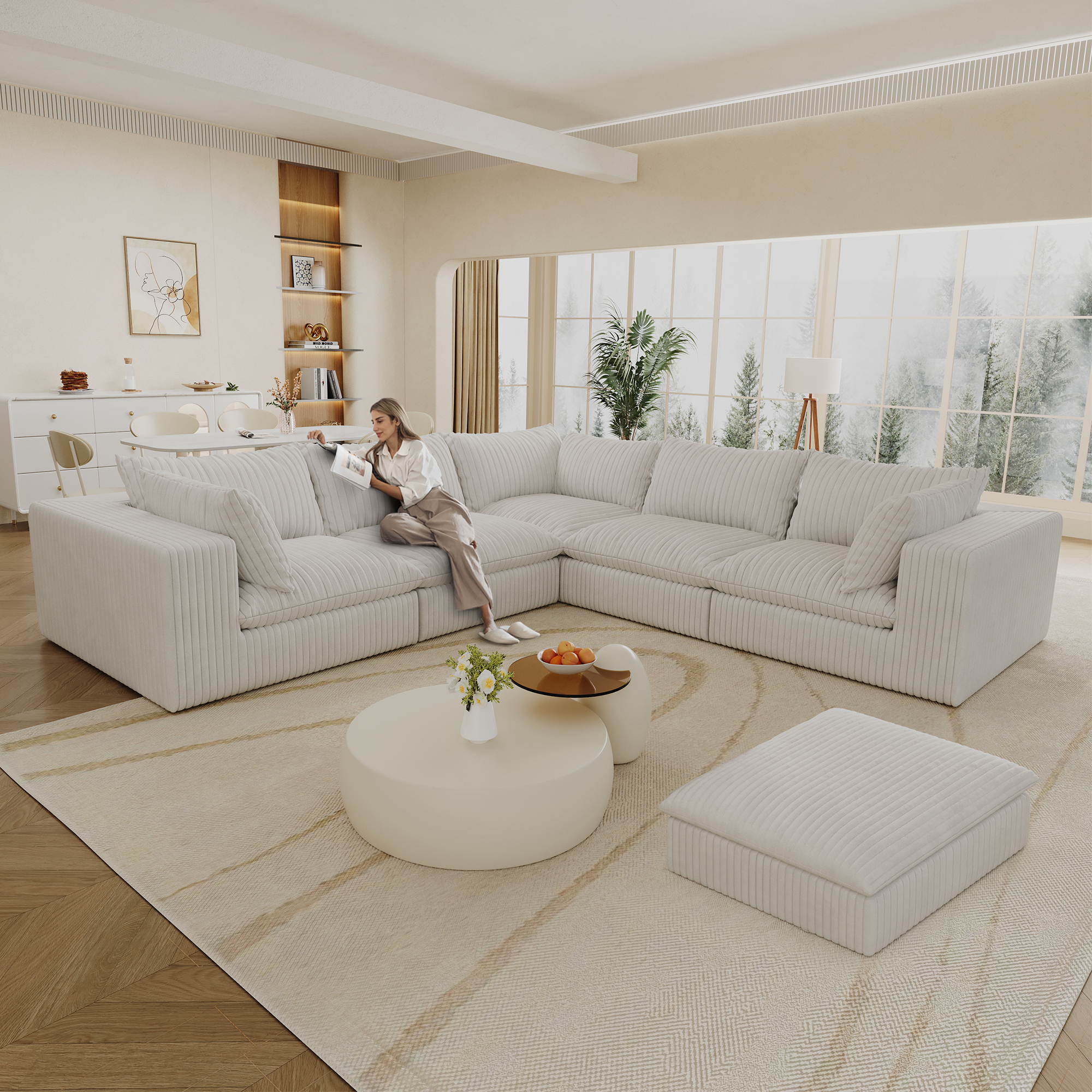 118.2″ Cloud Sofa,Corduroy Fabric,Deep Seat Couches,Double-layer design,Removable Cushion,No Assembly, DIY Combination for Living room, Bedroom,Conference room ,Apartment,White