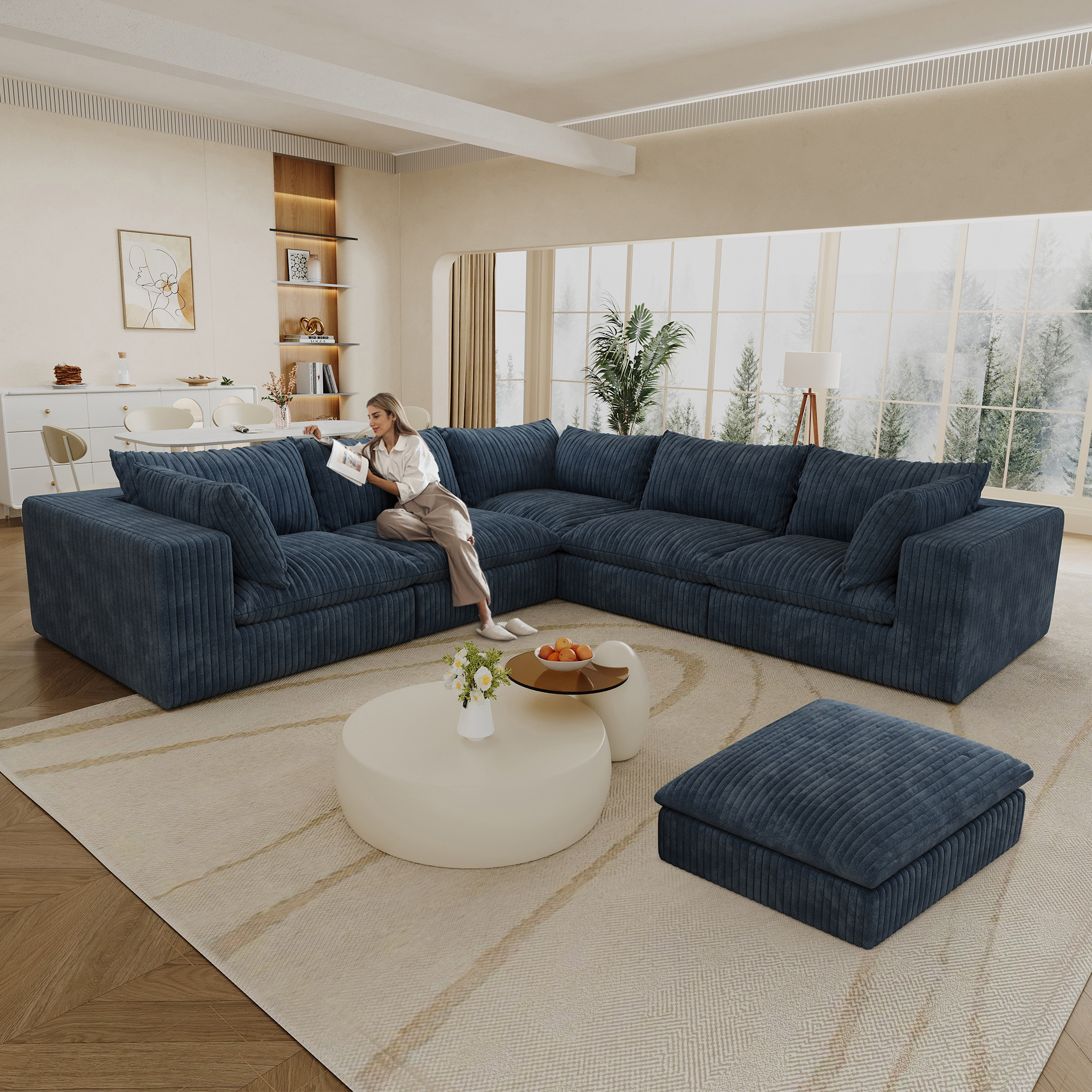 118.2″ Cloud Sofa,Corduroy Fabric,Deep Seat Couches,Double-layer design,Removable Cushion,No Assembly, DIY Combination for Living room, Bedroom,Conference room ,Apartment,Blue