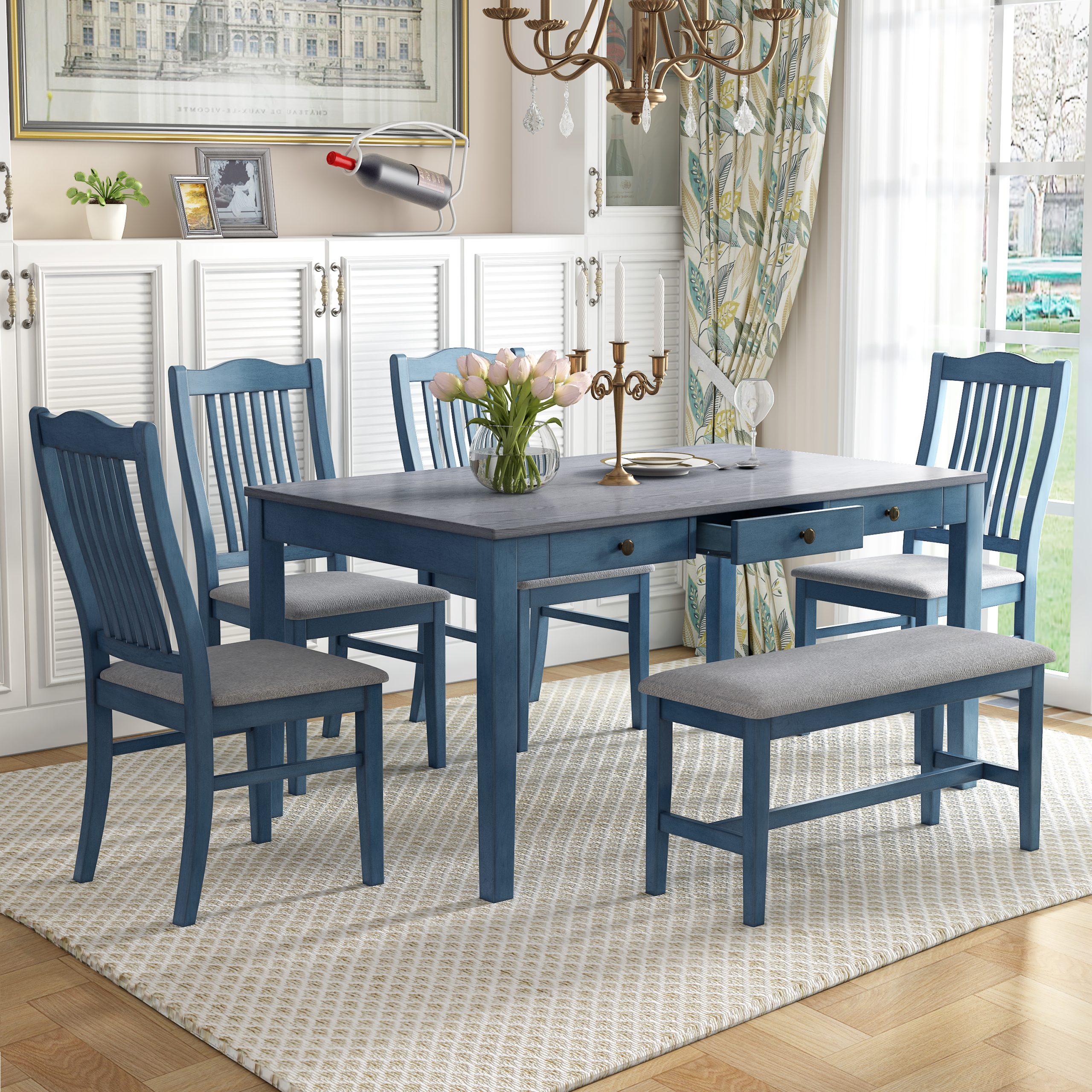 TOPMAX Mid-Century 6-Piece Wood Dining Table Set, Kitchen Table Set with Drawer, Upholstered Chairs and Bench, Blue(old sku:SP000006AAC)