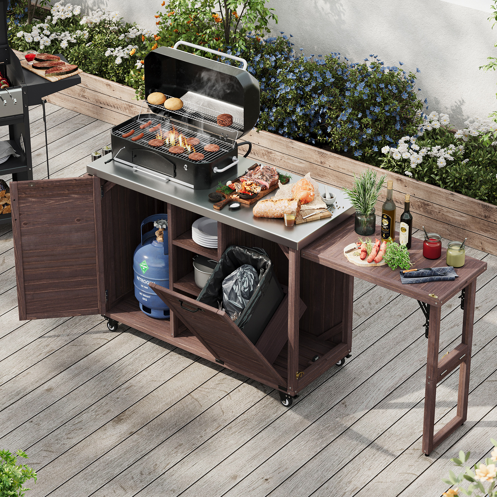K&K 78.3″ Outdoor Kitchen Island with Foldable Grill Table, Wooden Outdoor Grill Cart with Trash Can Storage & Stainless Steel Top, Outdoor Bar Cart, Pizza Oven Table for Lawn & Garden, Dark Brown