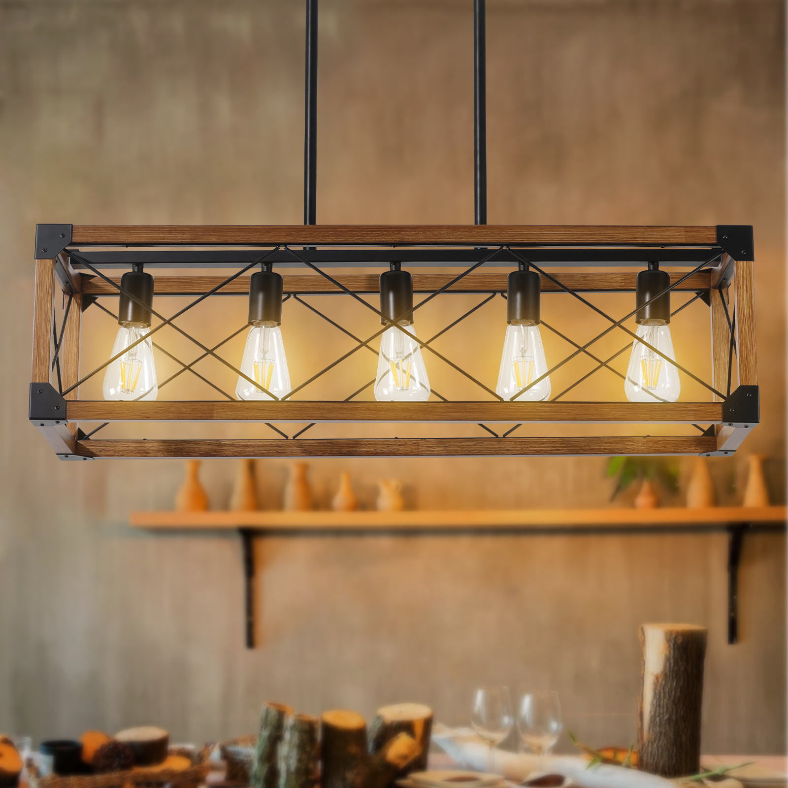 (Same as W1340111207/L1011) 32″ Walnut Industrial Farmhouse Rectangle Pendant Light, 5-Light Chandelier for Dining Room, Kitchen Island, Cafe Decor (No Bulbs)