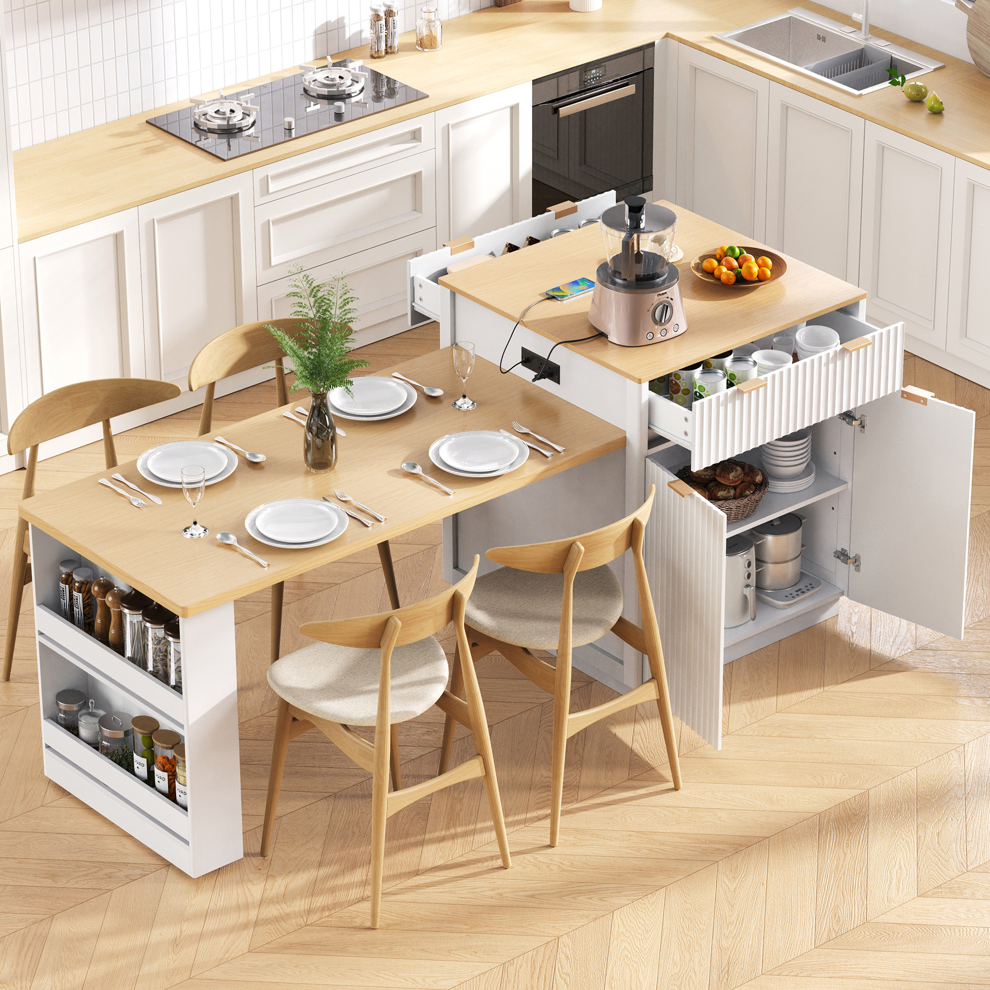 K&K 82.6″ Fluted Kitchen Island with Extendable Dining Table for 4-6, Island Table for Kitchen with Power Outlet, Kitchen Table with Double-Side Storage, 2 Drawers 2 Side Open Shelves, White