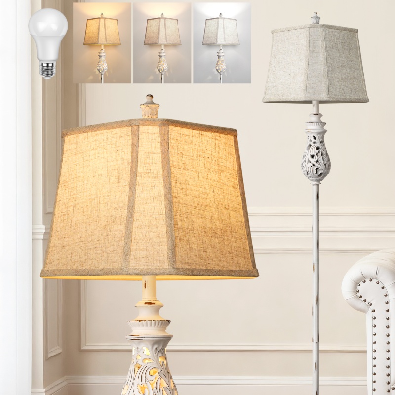 63-inch Floor Lamp with Night Light Feature, Beveled Cut Linen Fabric Lampshade, Vintage-style Standing Lamp, Suitable for Living Room, Bedroom, Office, and Home (Includes Bulb)