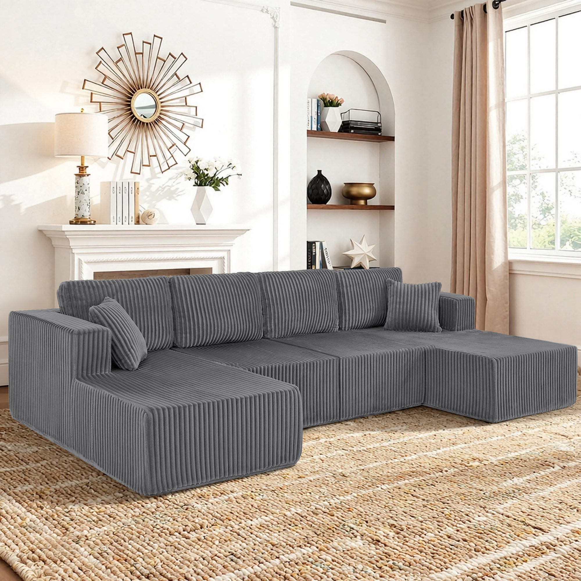 U-Shaped Modular Sectional Sofa [SIZE UPGRADED], Modern Minimalist Corduroy Compressed Sleeper Couch, Extra Spacious Design for Living Room/Bedroom, Comfy Space-Saving Sofa-Dark Gray
