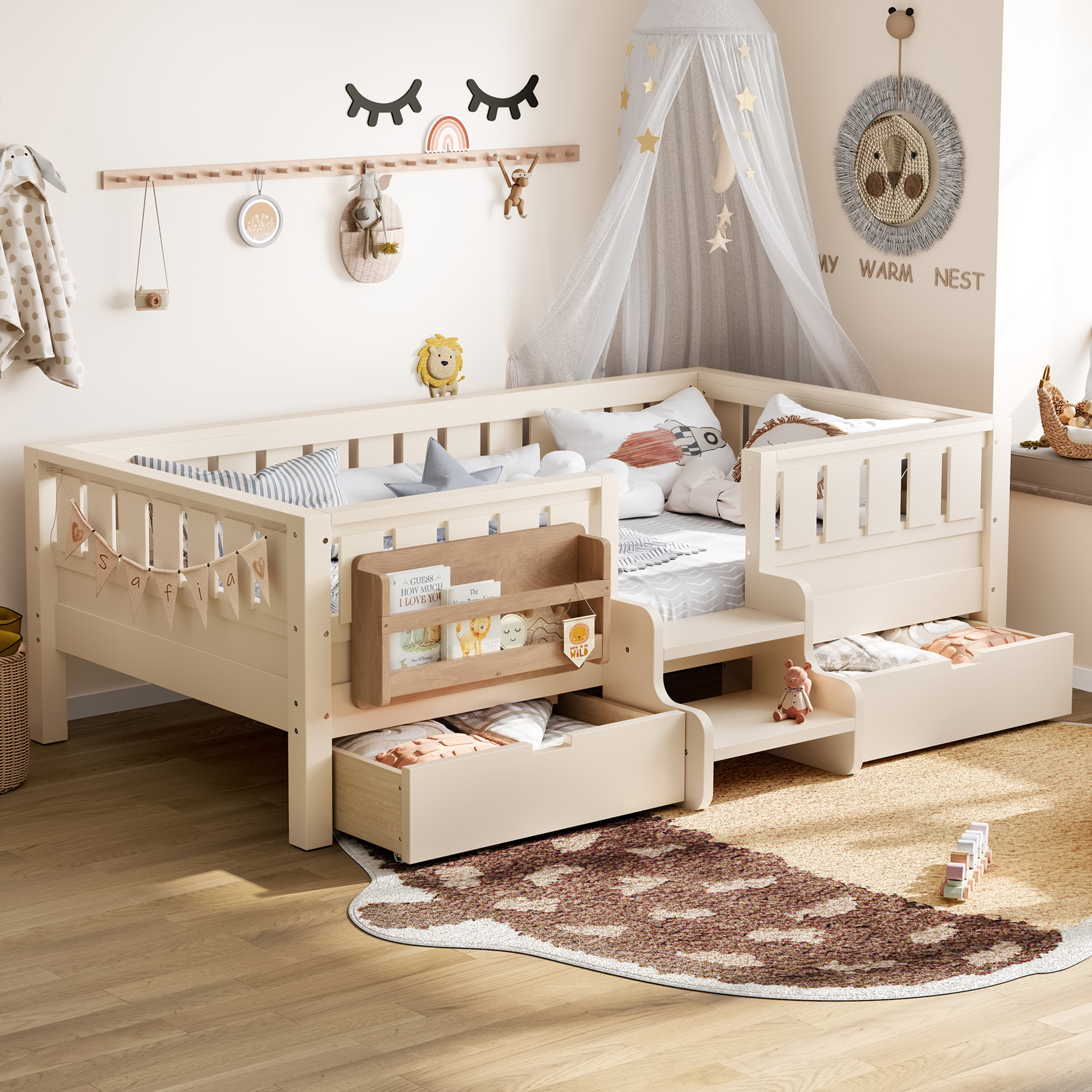 Twin with built-in bookshelves and storage drawers, Safety Staircase design and high-quality safety rails,Beige