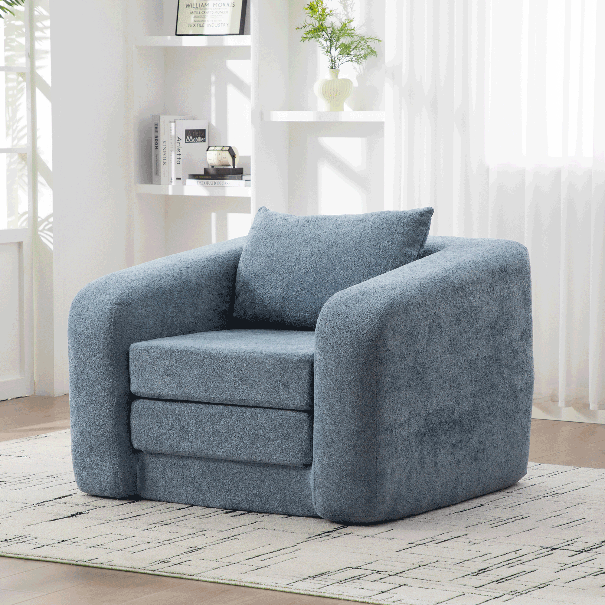 40″ Foldable Single Sofa Bed with Armrest & Backrest, Convertible Chenille Boneless Cloud Floor Mattress Sleeper Lounge Accent Chair with Pillow for Apartment Living Room Bedroom Dorm Guest,Light Blue
