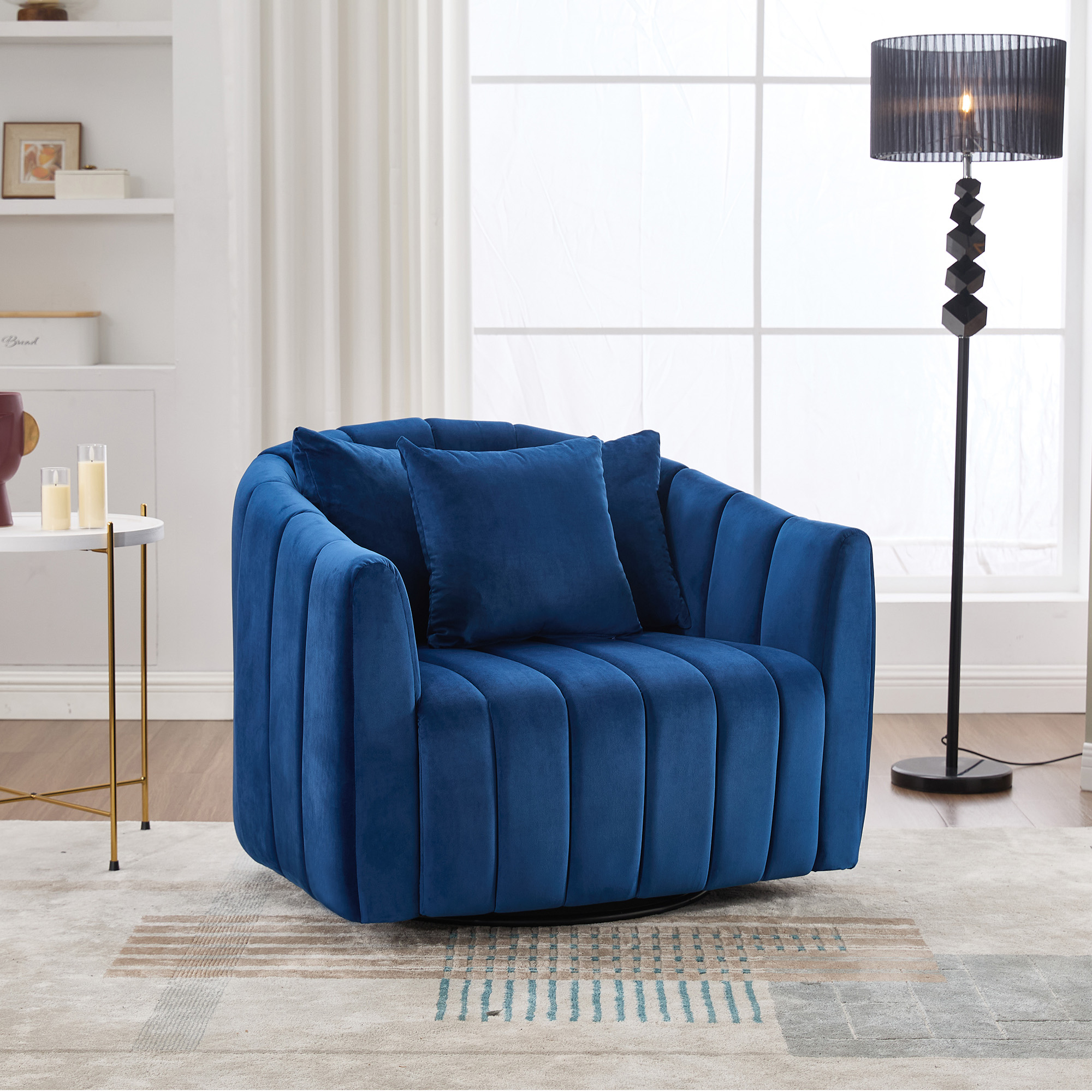 40.1″W Upholstered Oversized 360° Swivel Accent Barrel Chair and Half Cozy Sofa with 3 Pillows, Velvet Channel Tufted Pumpkin-Shape Club Armchair for Living Room, Bedroom, Office, Lounge,NAVY