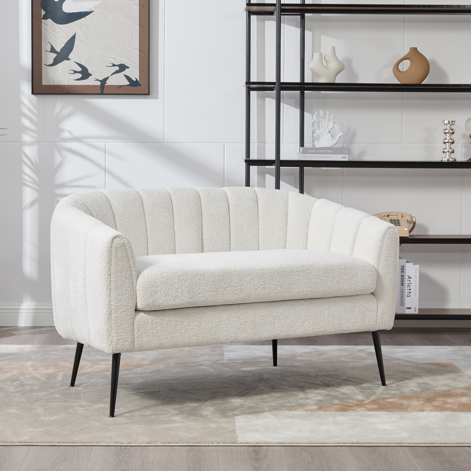 50.2” Wide Upholstered Chenille Mini Loveseat Accent Couch, Modern Glam Small Settee with Metal Legs, Channel Tufted 2-Seater Sofa for Living Rooms Bedrooms Dorm Studio Office Small Spaces, Ivory