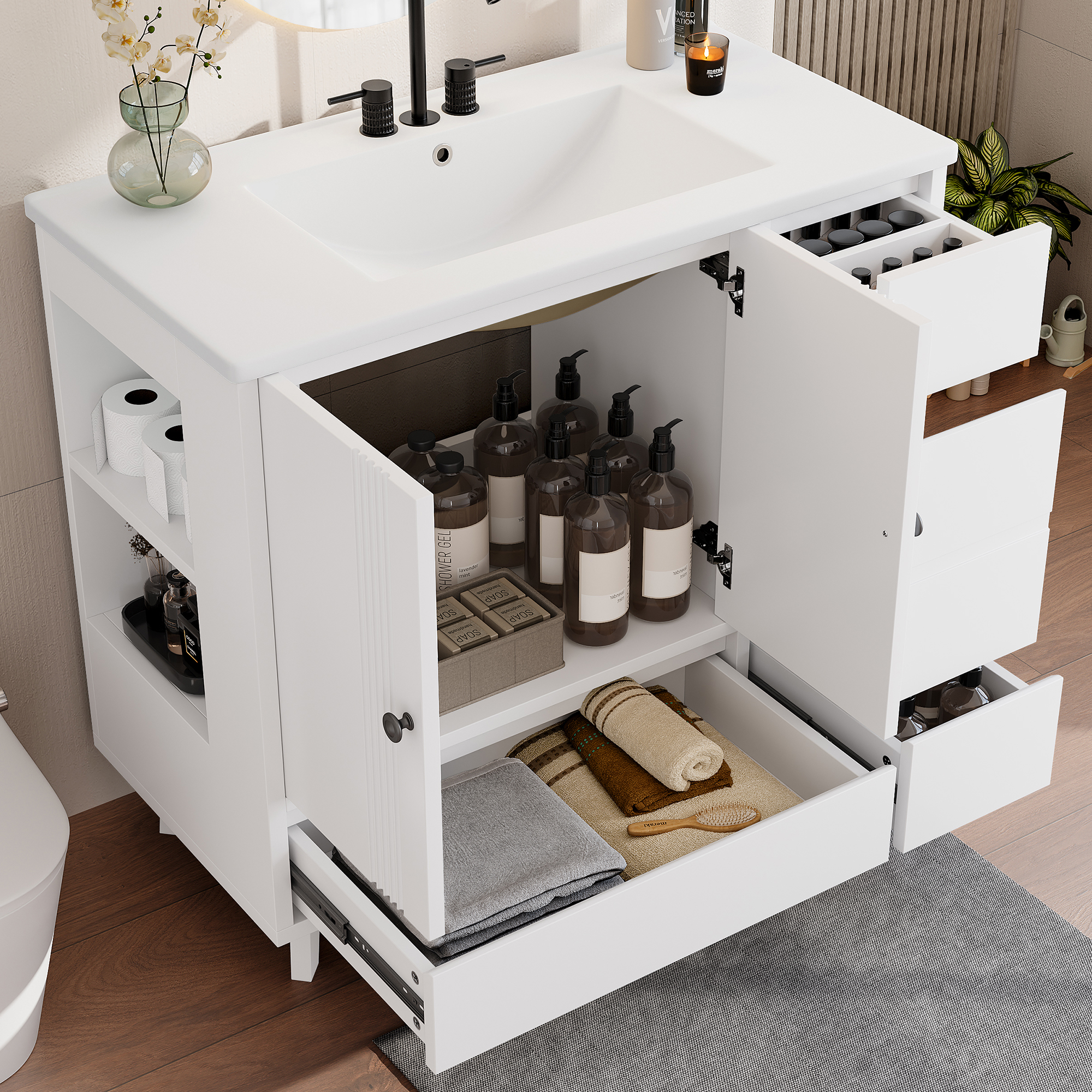 36″ Bathroom Vanity with Sink, Free Standing Single Vanity Set with 4 Drawers and Side Storage Rack, Wood Cabinet with Ceramic Basin for Bathroom, White