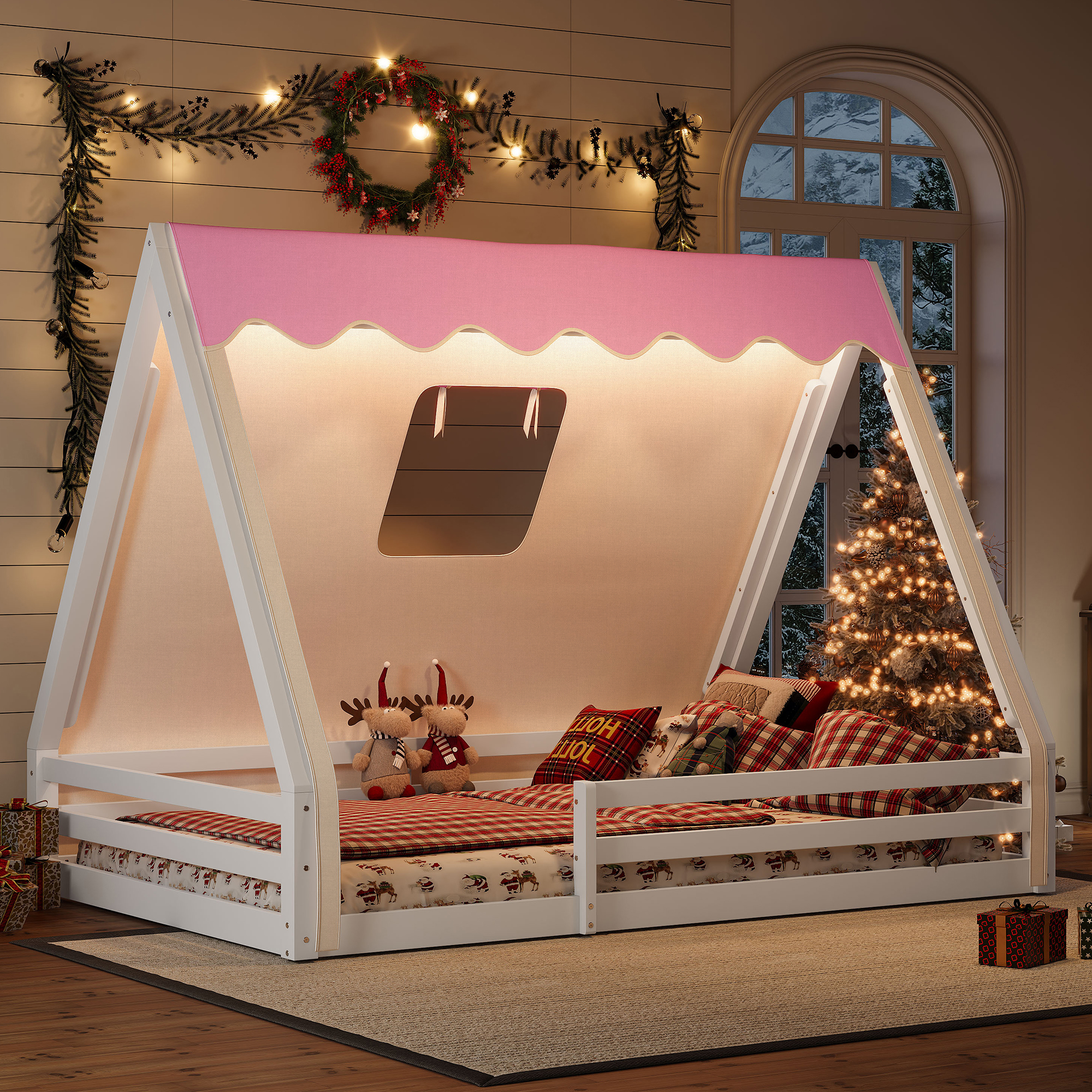 Full Size House Floor Bed with Tent and Light, Solid Wood Teepee Floor Bed with Full-length Guardrails, Montessori and Childlike Design, White+Pink