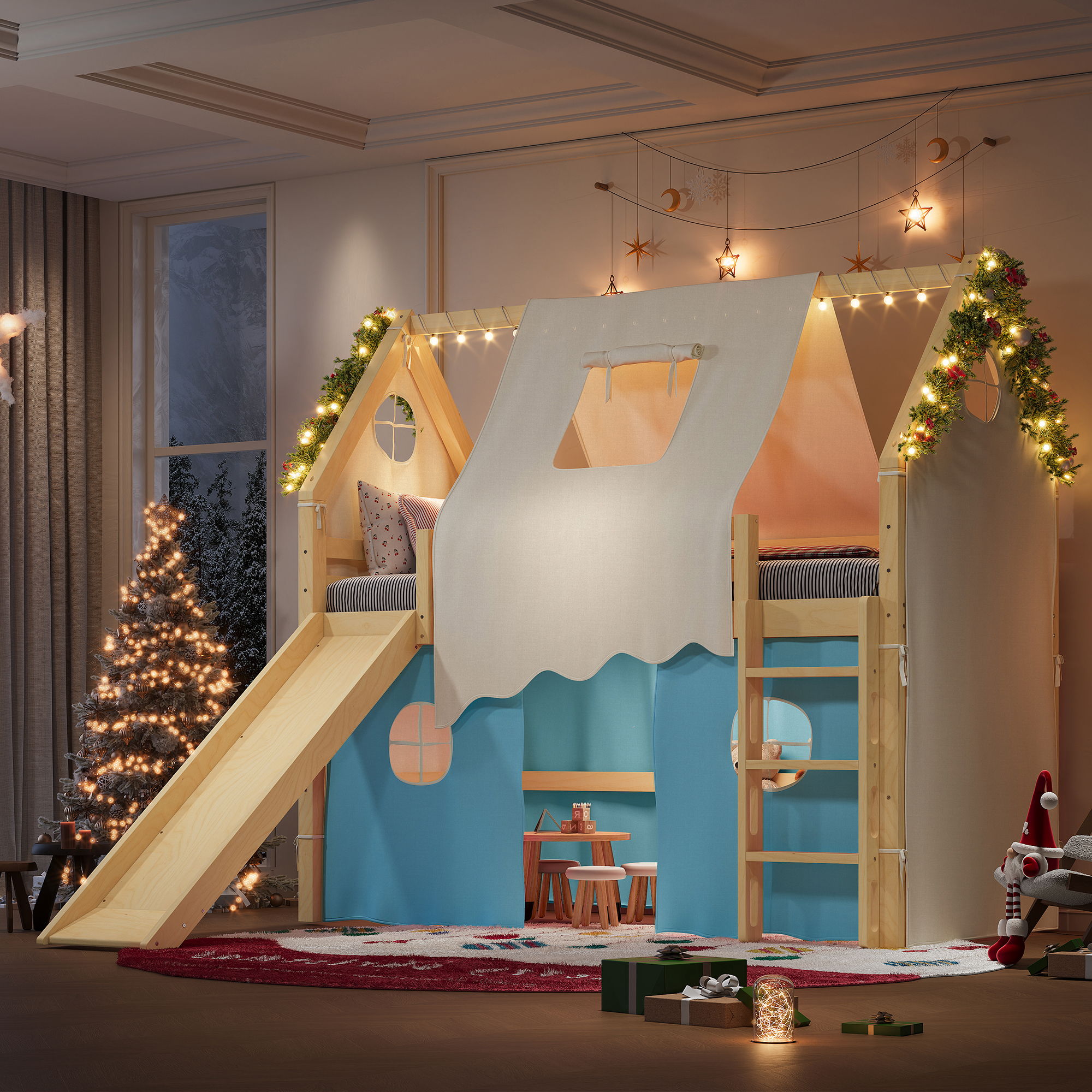 Twin Size House Loft Bed with Sills and Tents, Solid Wood Loft Bed with Ladders and Slide, Chic Design with Lights, No Box Spring Needed, Natural+Blue