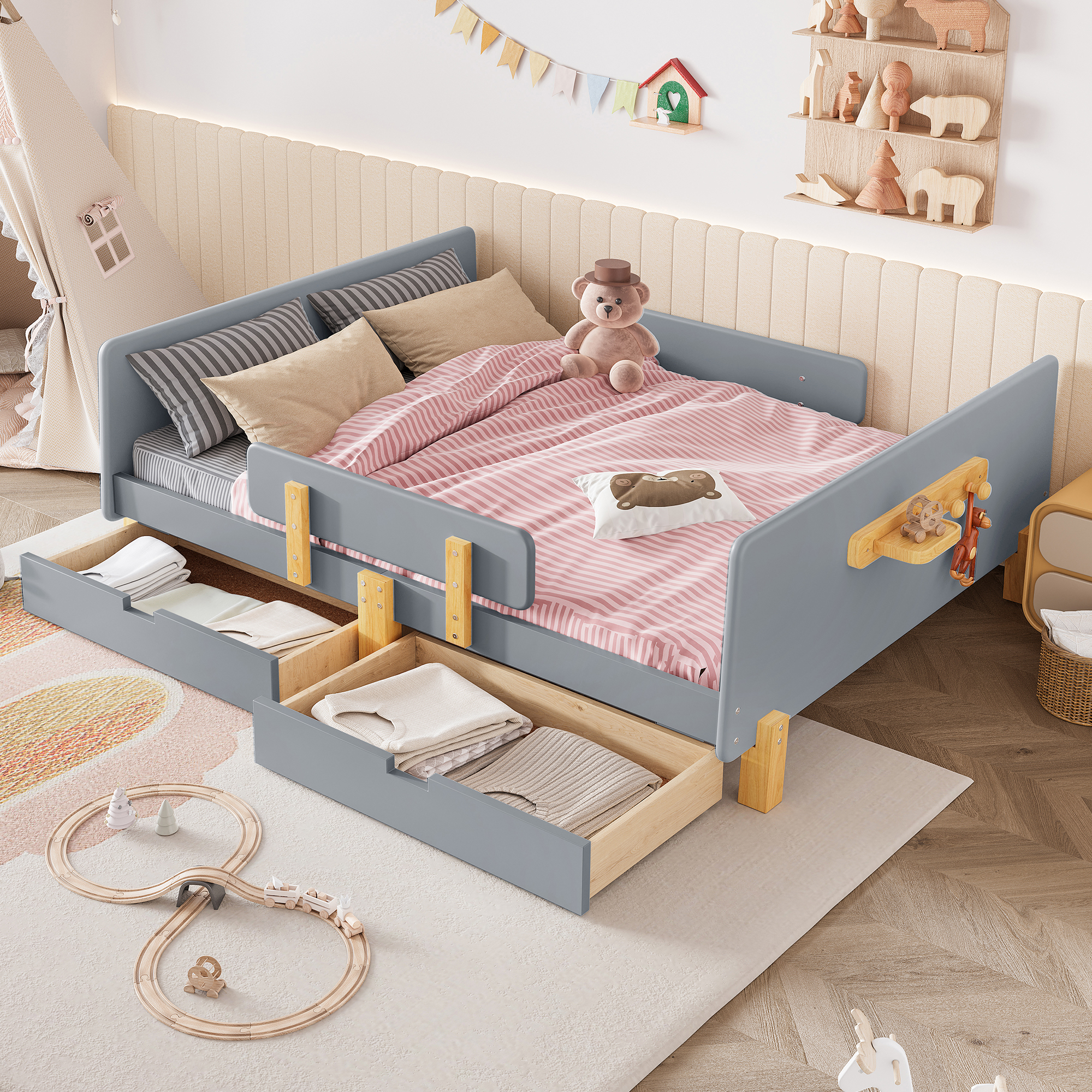 Full Size Platform Bed with Storage Drawers, Solid Wood Beds Frame with Bed Guardrail, Small Shelf, and Hooks, No Box Spring Needed,  Gray