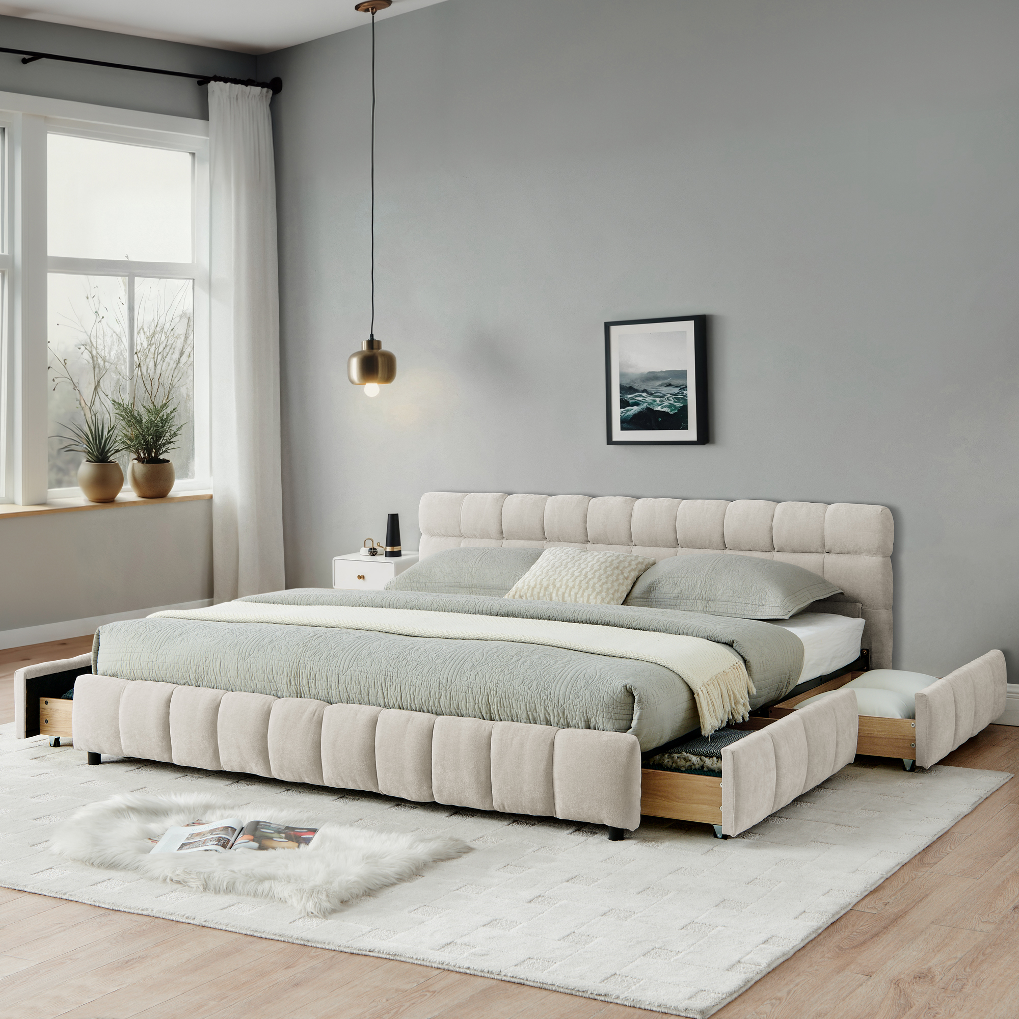California King size Upholstered Bed ,comfortable upholstered bed frame, Chenille fabric, with headboard and solid bed frame. With drawer for storage.-Beige(90.5”*80.5”*31”)