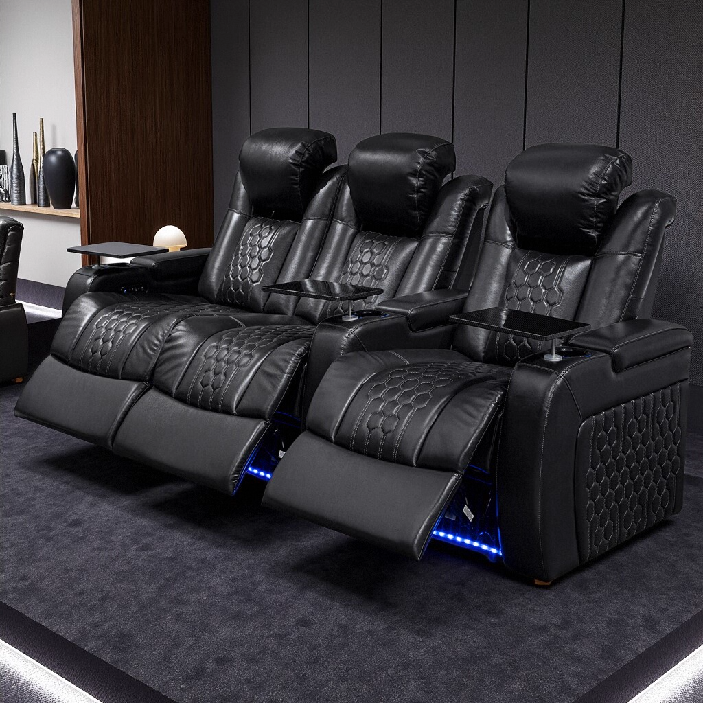 93.3″Power Recliner 3 PC Made WithTop-Grain Nappa,Fully Adjustable Relaxation,Smart Charging,Dynamic RGB LED Lighting,BLACK