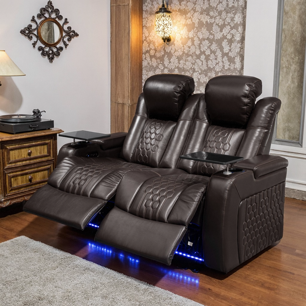 62.2″Power Recliner 2 PC Made WithTop-Grain Nappa,Fully Adjustable Relaxation,Smart Charging,Dynamic RGB LED Lighting,COFFEE
