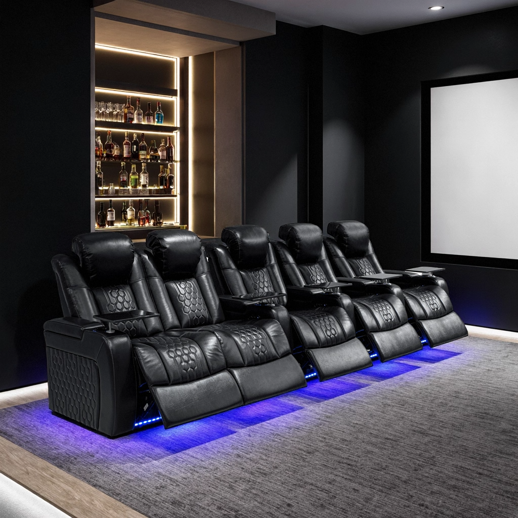 155.5″Power Recliner 5 PC Made WithTop-Grain Nappa,Fully Adjustable Relaxation,Smart Charging,Dynamic RGB LED Lighting,BLACK