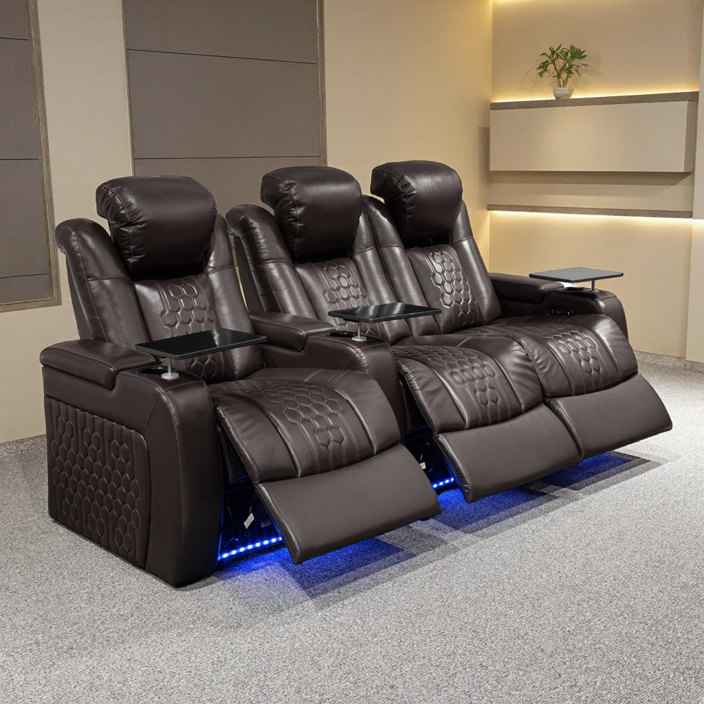 93.3″Power Recliner 3 PC Made WithTop-Grain Nappa,Fully Adjustable Relaxation,Smart Charging,Dynamic RGB LED Lighting,COFFEE